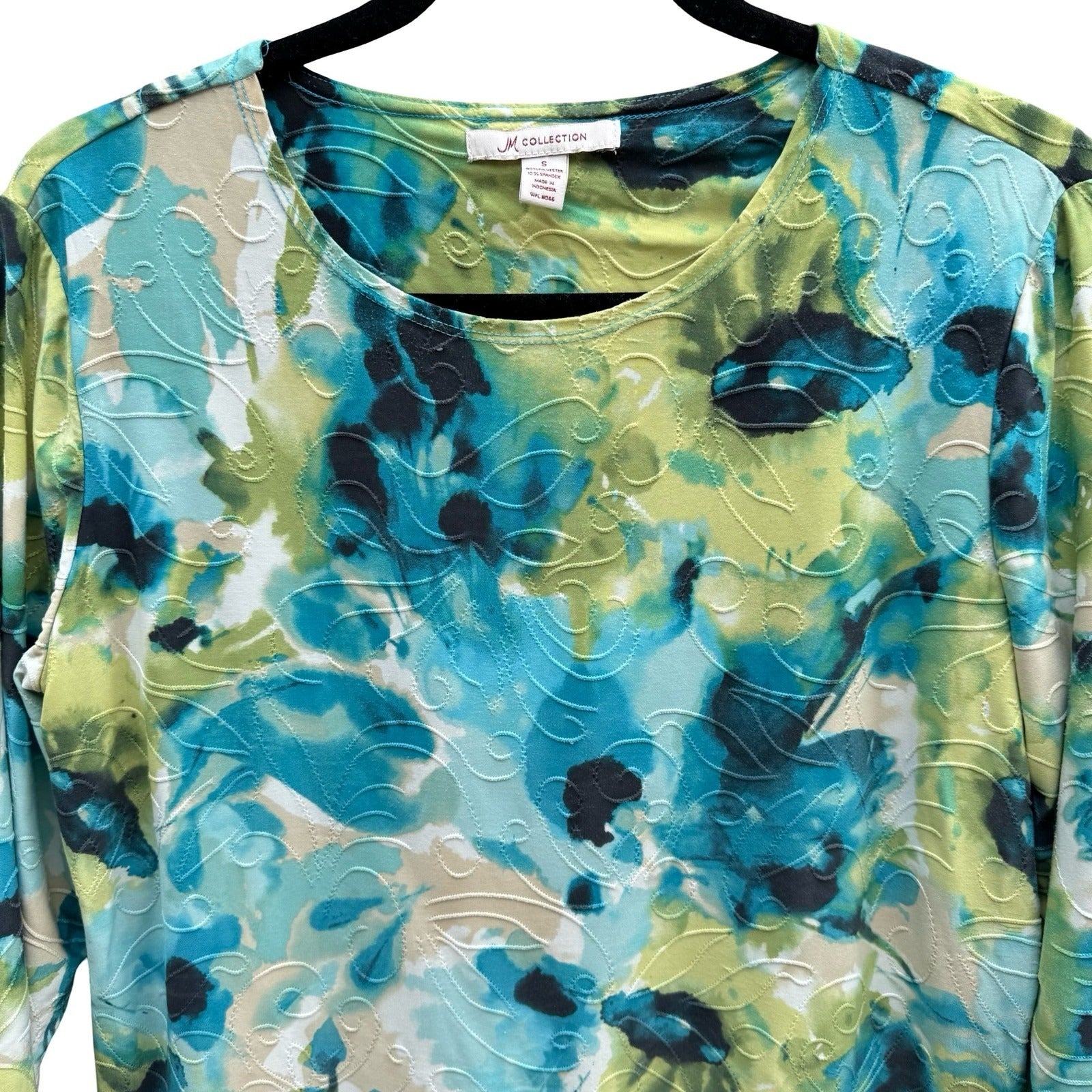 JM Collection Art To Wear Watercolor Floral 3/4 Sleeve Textured Boho Top Teal S