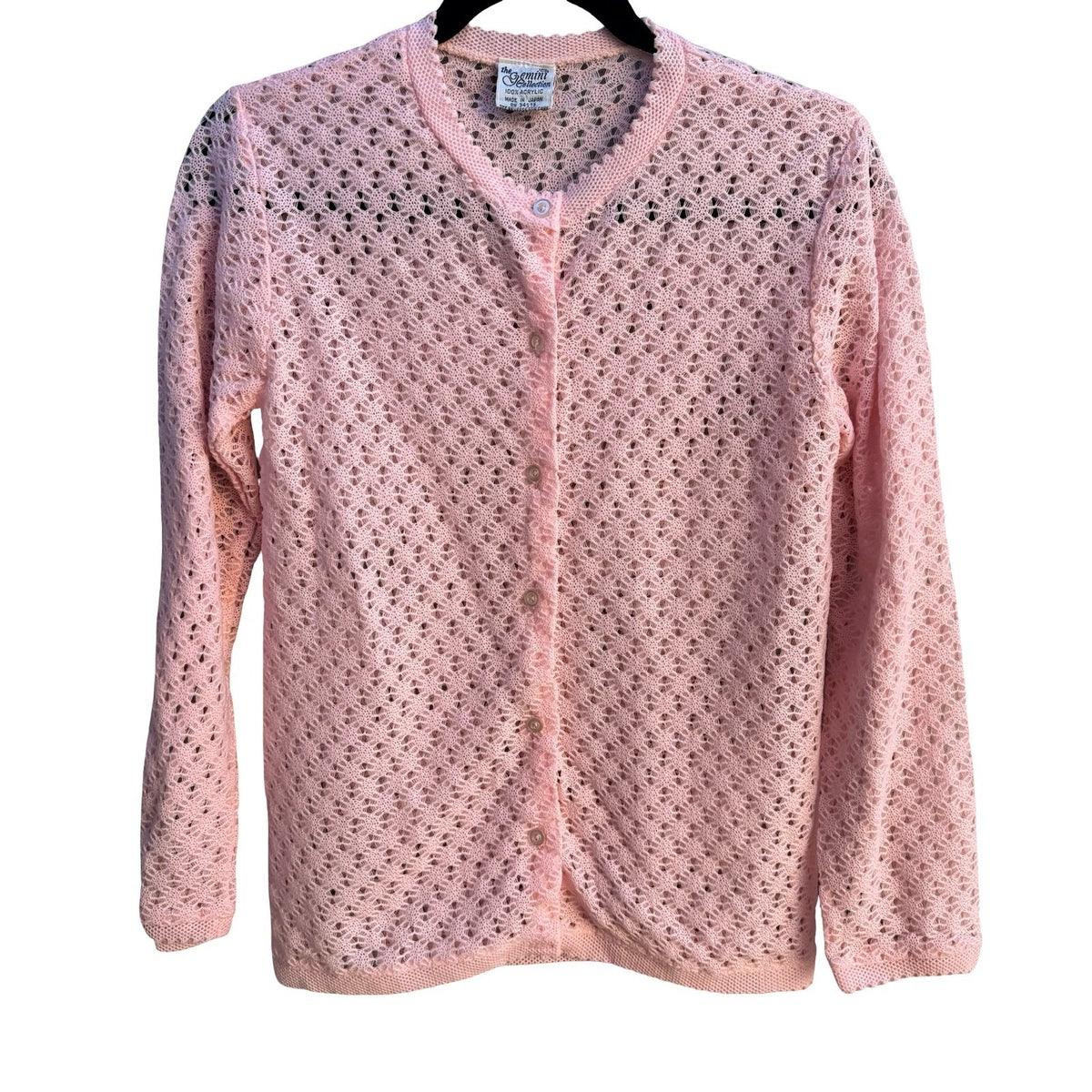 Gemini Vintage 70s 80s Coquette Pointelle Scalloped Knit Cardigan Pastel Pink L