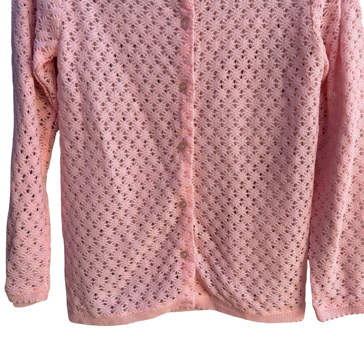 Gemini Vintage 70s 80s Coquette Pointelle Scalloped Knit Cardigan Pastel Pink L