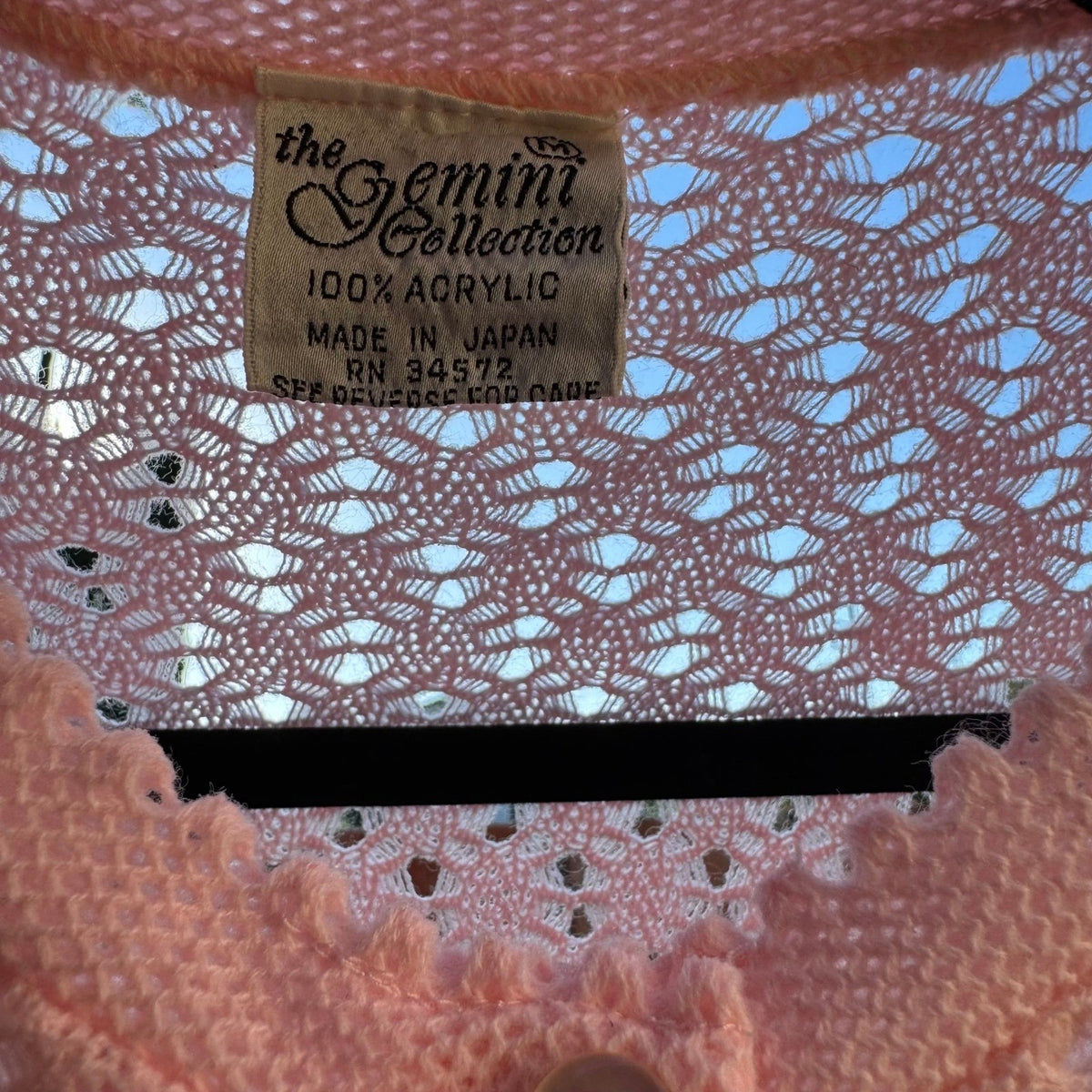 Gemini Vintage 70s 80s Coquette Pointelle Scalloped Knit Cardigan Pastel Pink L