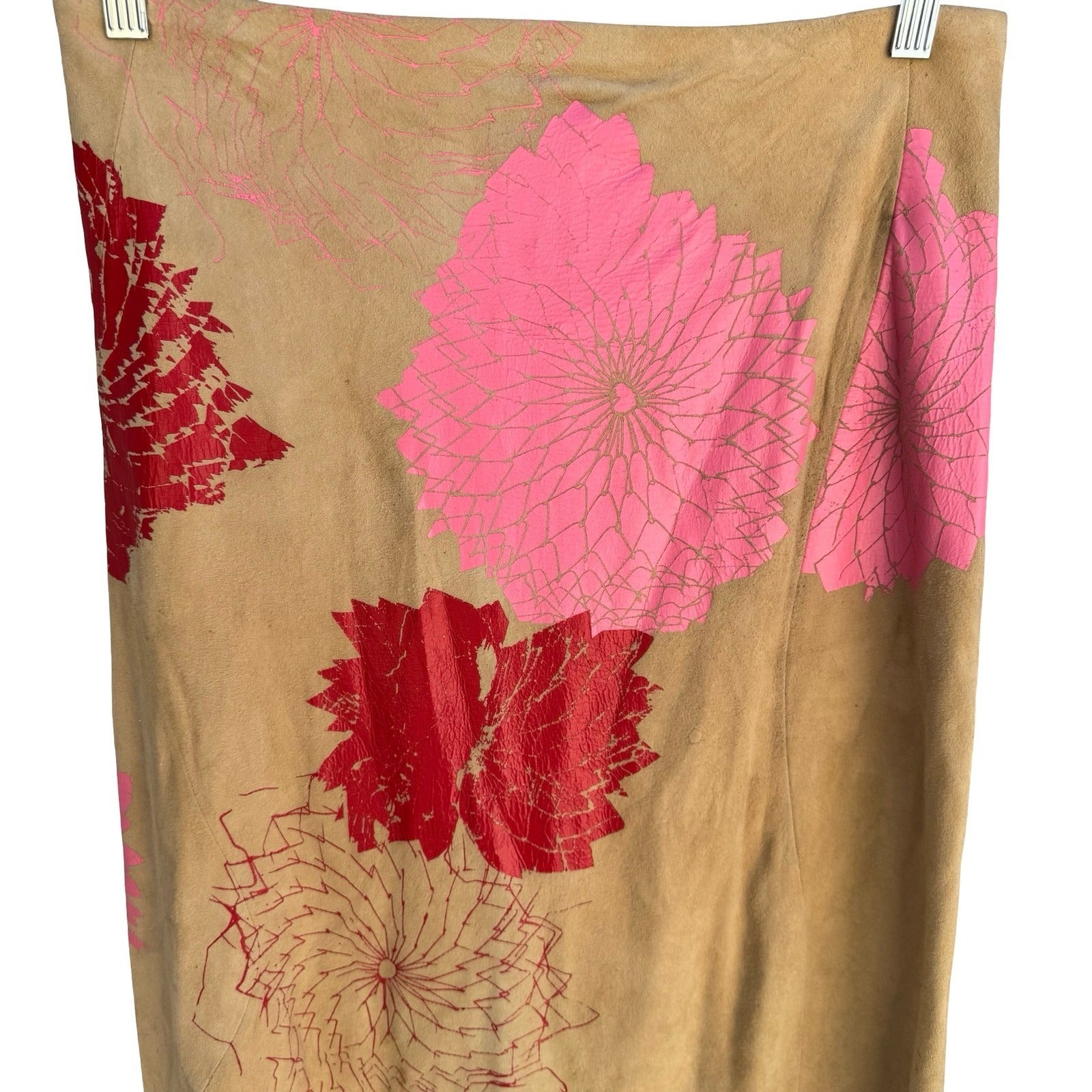DKNY Y2K Boho Suede Leather Midi Skirt Painted Floral Graphic Artsy Tan Womens 4