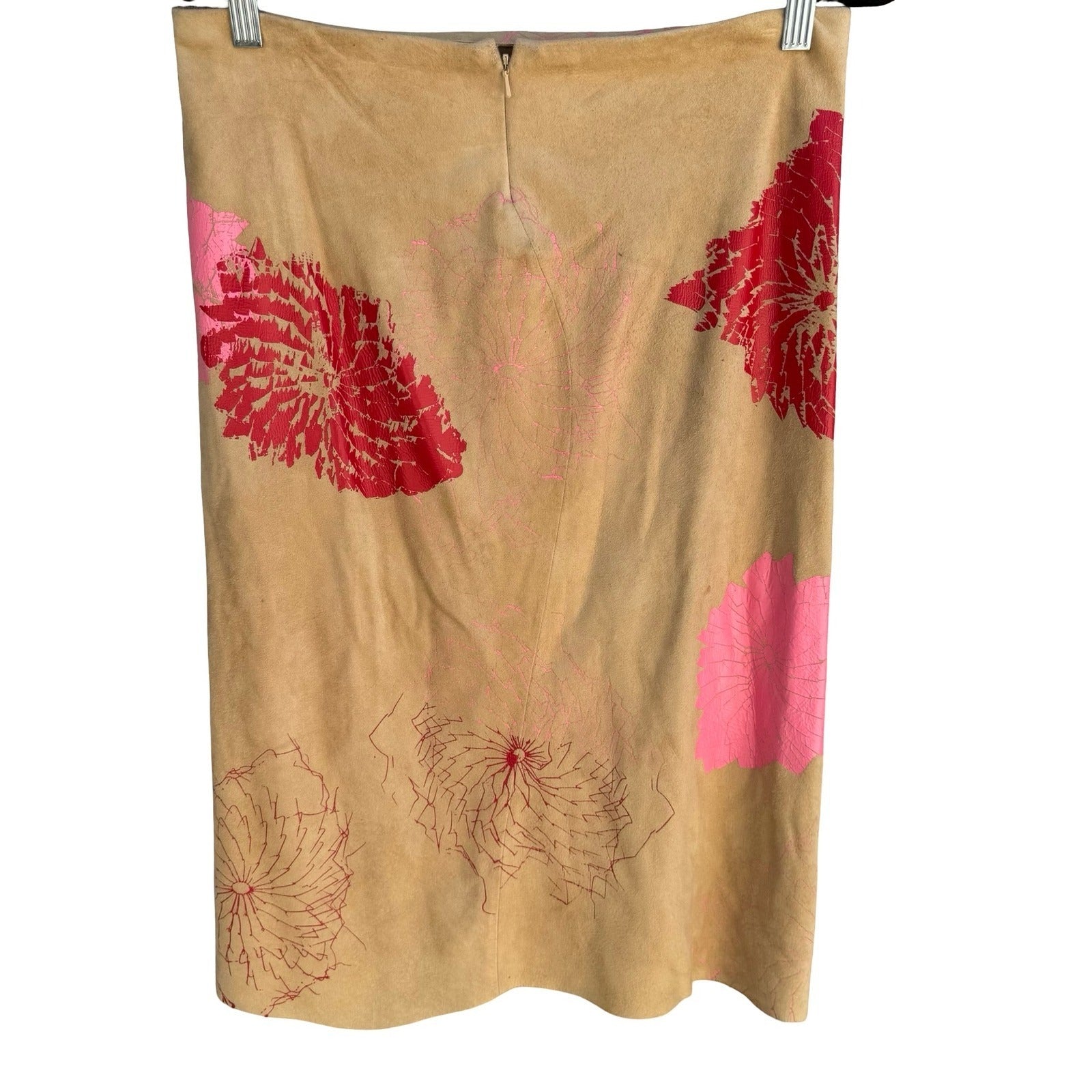 DKNY Y2K Boho Suede Leather Midi Skirt Painted Floral Graphic Artsy Tan Womens 4