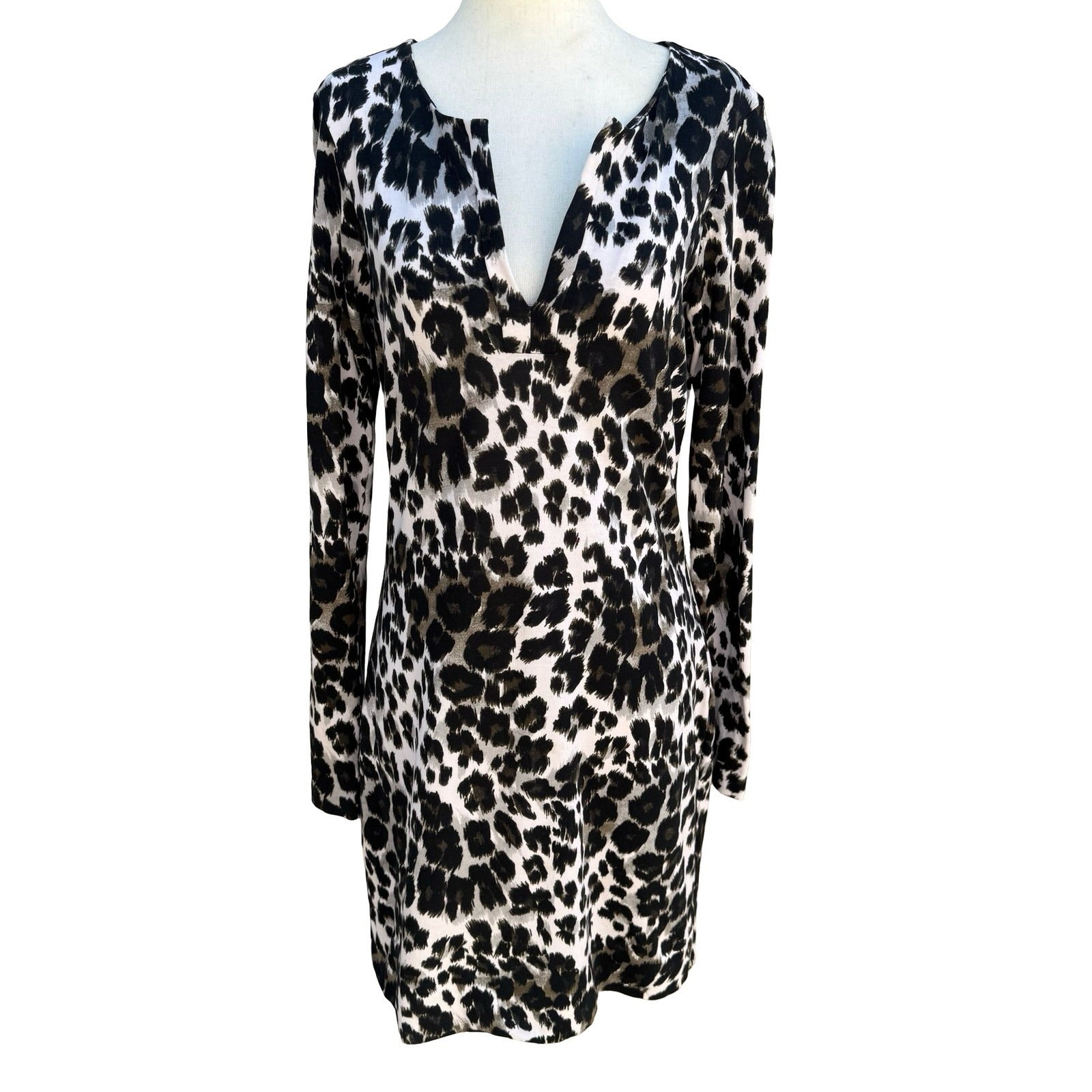 Diane von Furstenberg Reina Snow Cheetah Split Neck Long Sleeve Sheath Dress 6