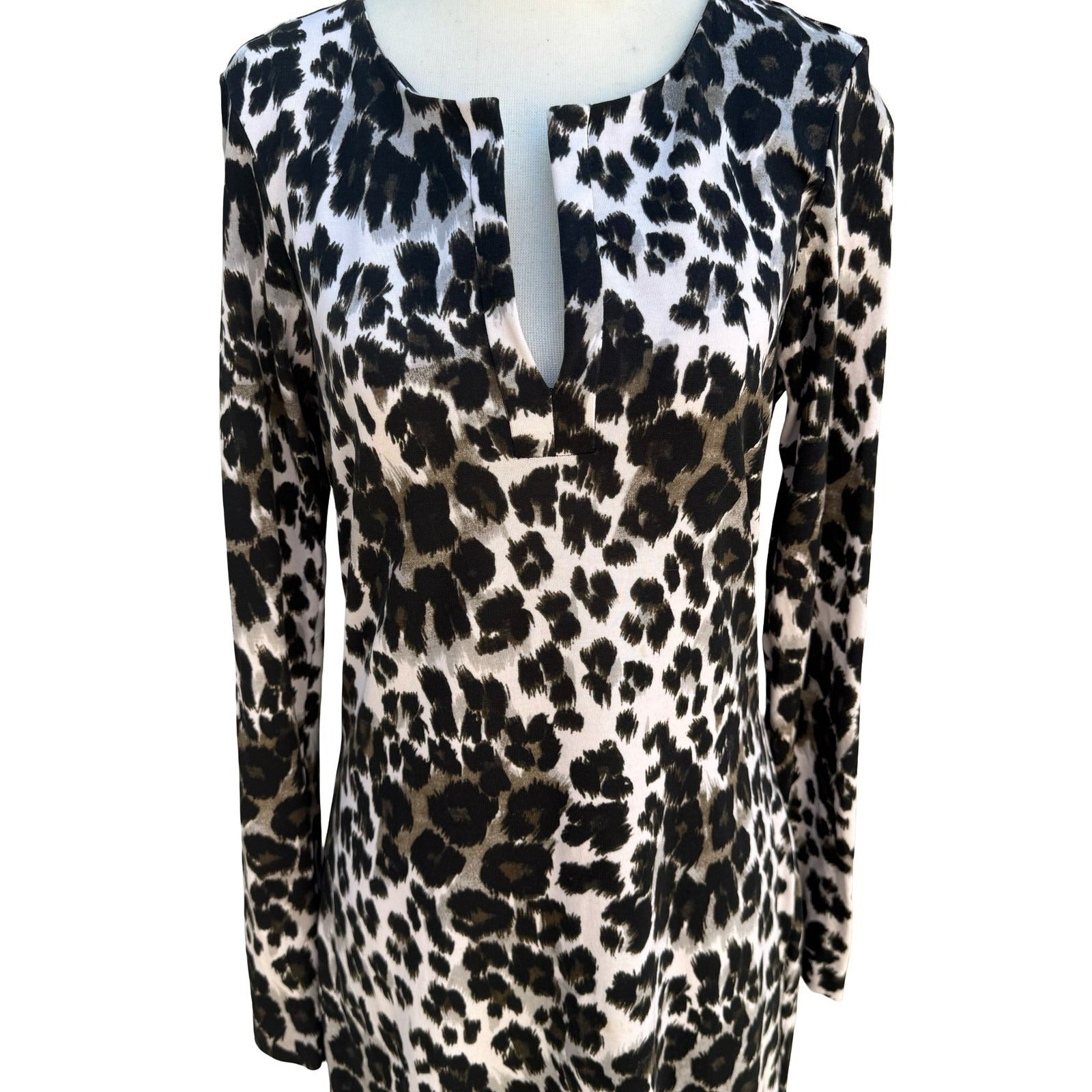 Diane von Furstenberg Reina Snow Cheetah Split Neck Long Sleeve Sheath Dress 6