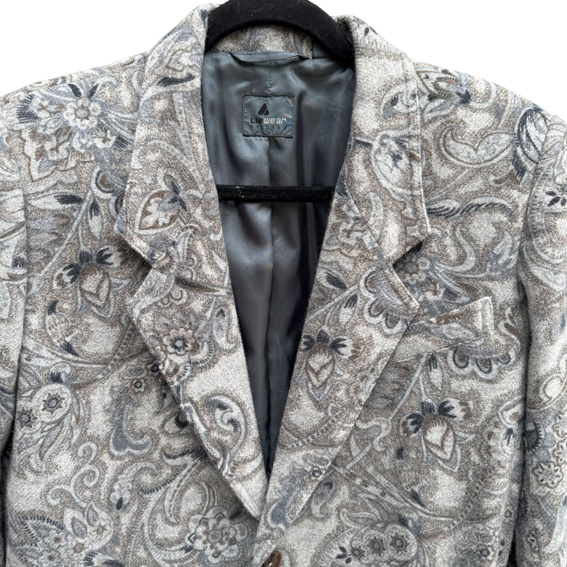 Liz Wear Vintage Womens Paisley Wool Blend Gray Blue Preppy Blazer Jacket 2P