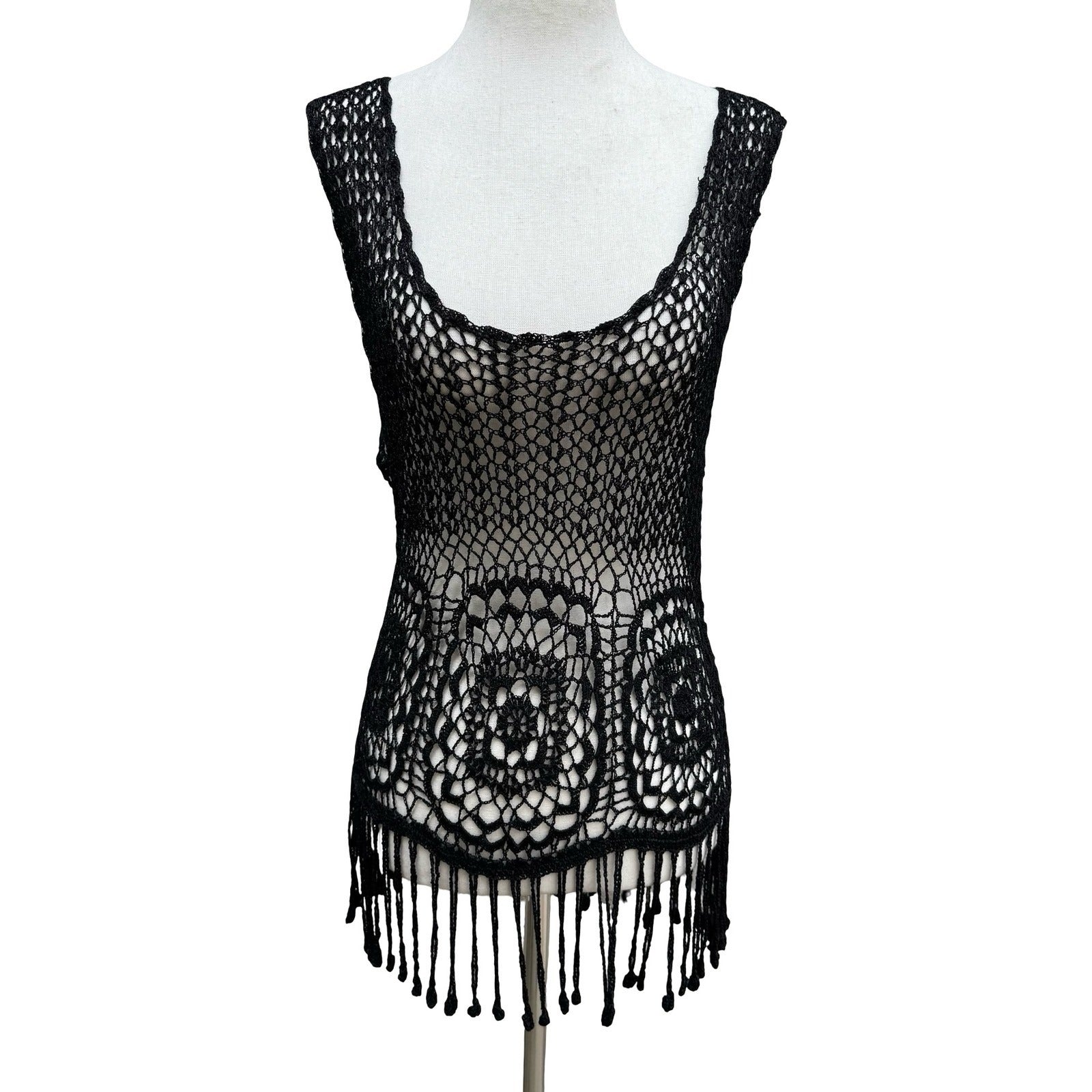 IDI Boho Festival Beachwear Coverup Hand Crochet Fringe Top Floral Open Knit L