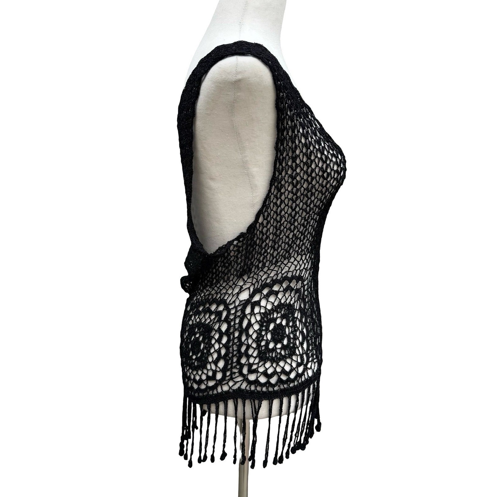 IDI Boho Festival Beachwear Coverup Hand Crochet Fringe Top Floral Open Knit L