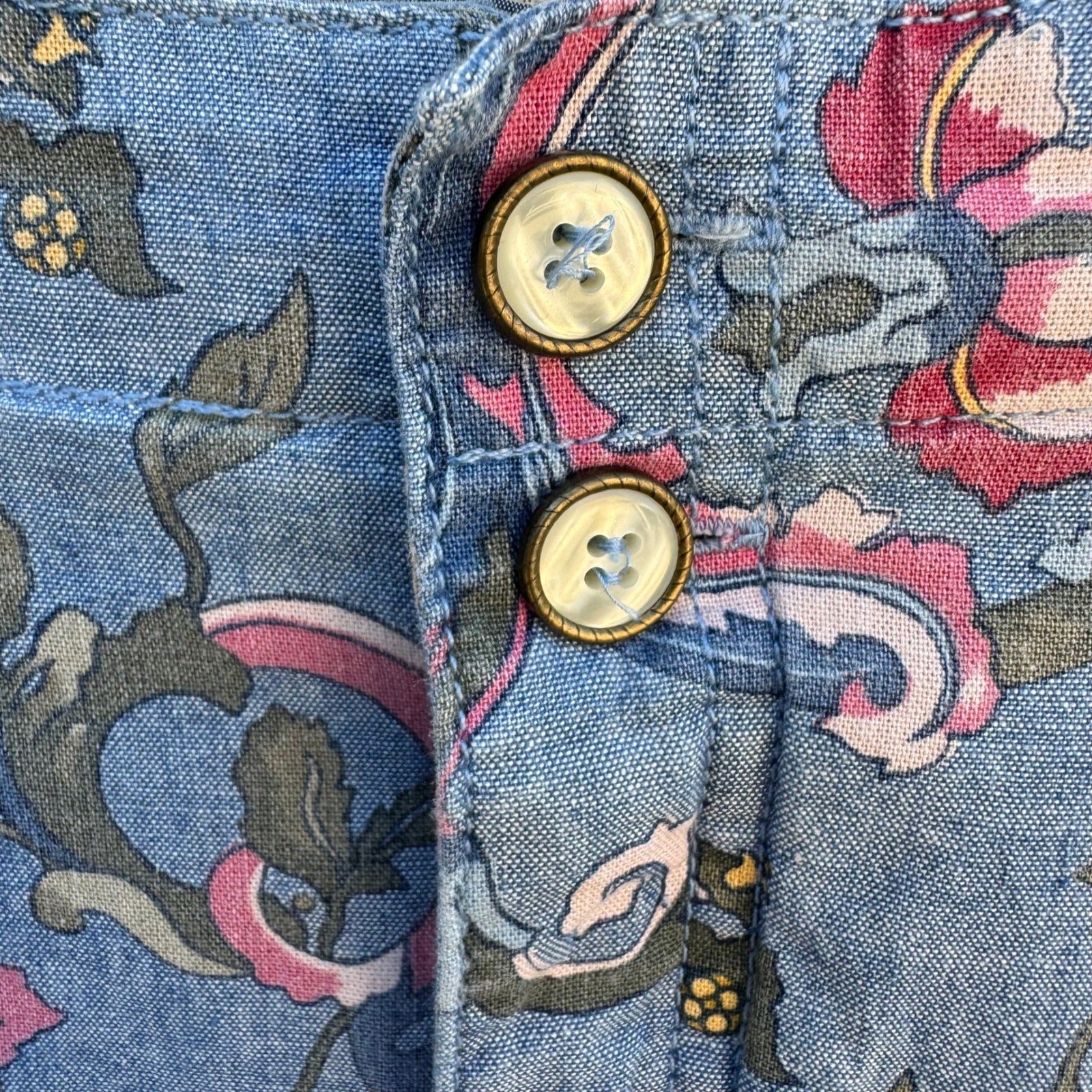 Lizwear Vintage Floral Cotton Denim Midi Prairie Skirt Blue Pleated Womens 4P