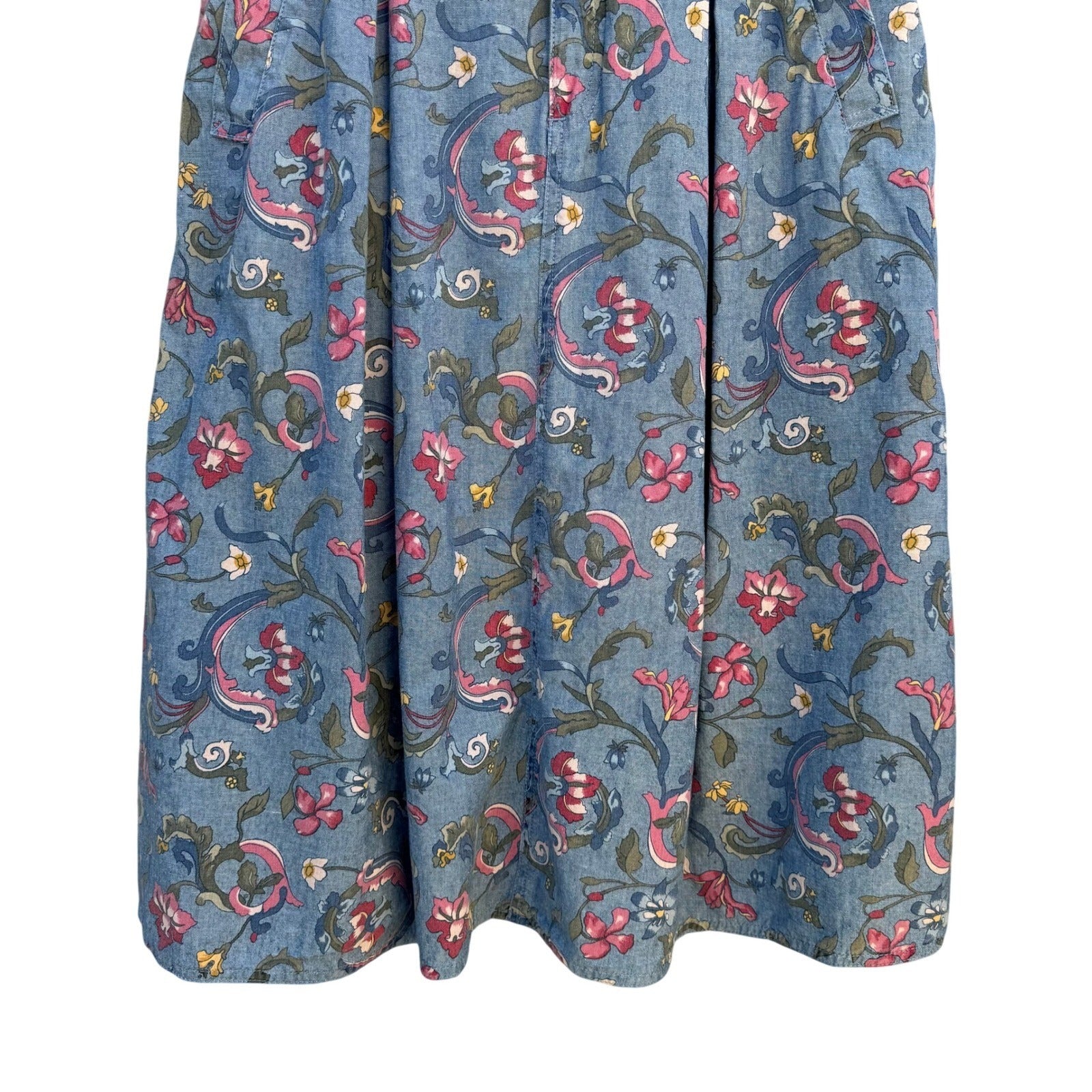Lizwear Vintage Floral Cotton Denim Midi Prairie Skirt Blue Pleated Womens 4P