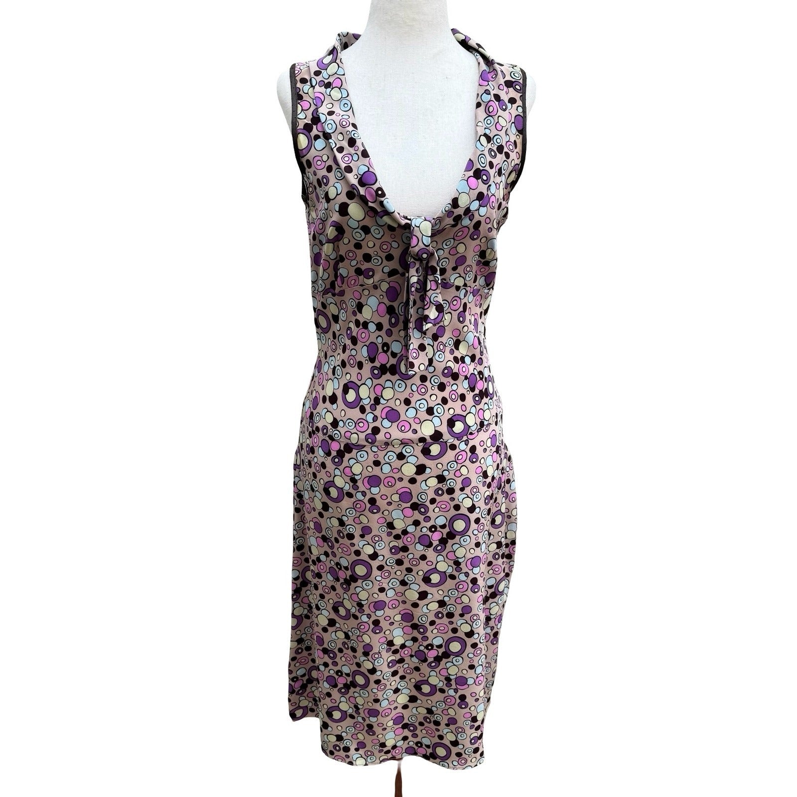 Poleci Y2K Retro Psychedelic Circle Print Sleeveless Portrait Collar Midi Dress