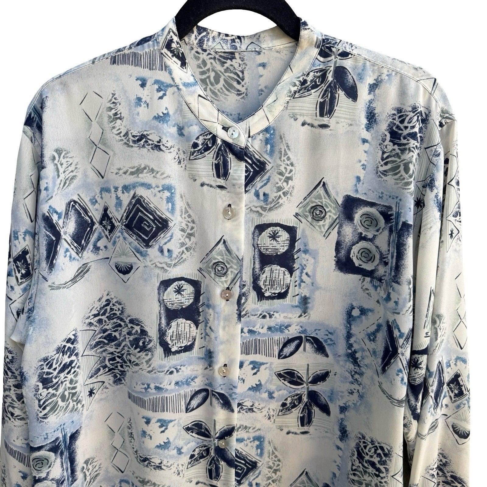 Vintage 90s Abstract Art To Wear Geometric Mandarin Band Collar Blouse Blue XL