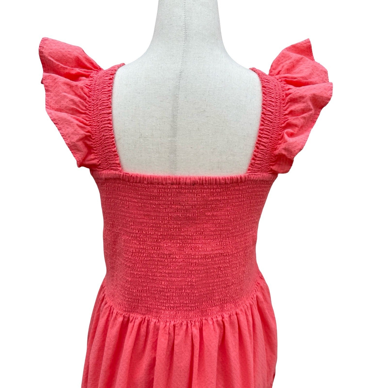 Lands End Pink Smocked Tiered Midi Dress Milkmaid Ruffle Straps Cotton Womens L