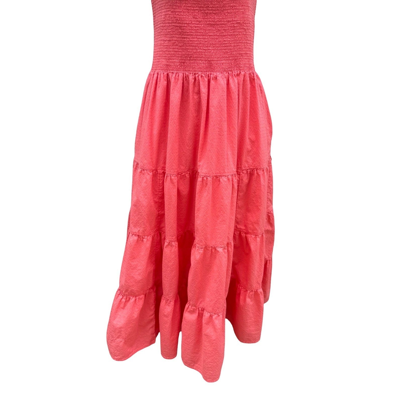 Lands End Pink Smocked Tiered Midi Dress Milkmaid Ruffle Straps Cotton Womens L
