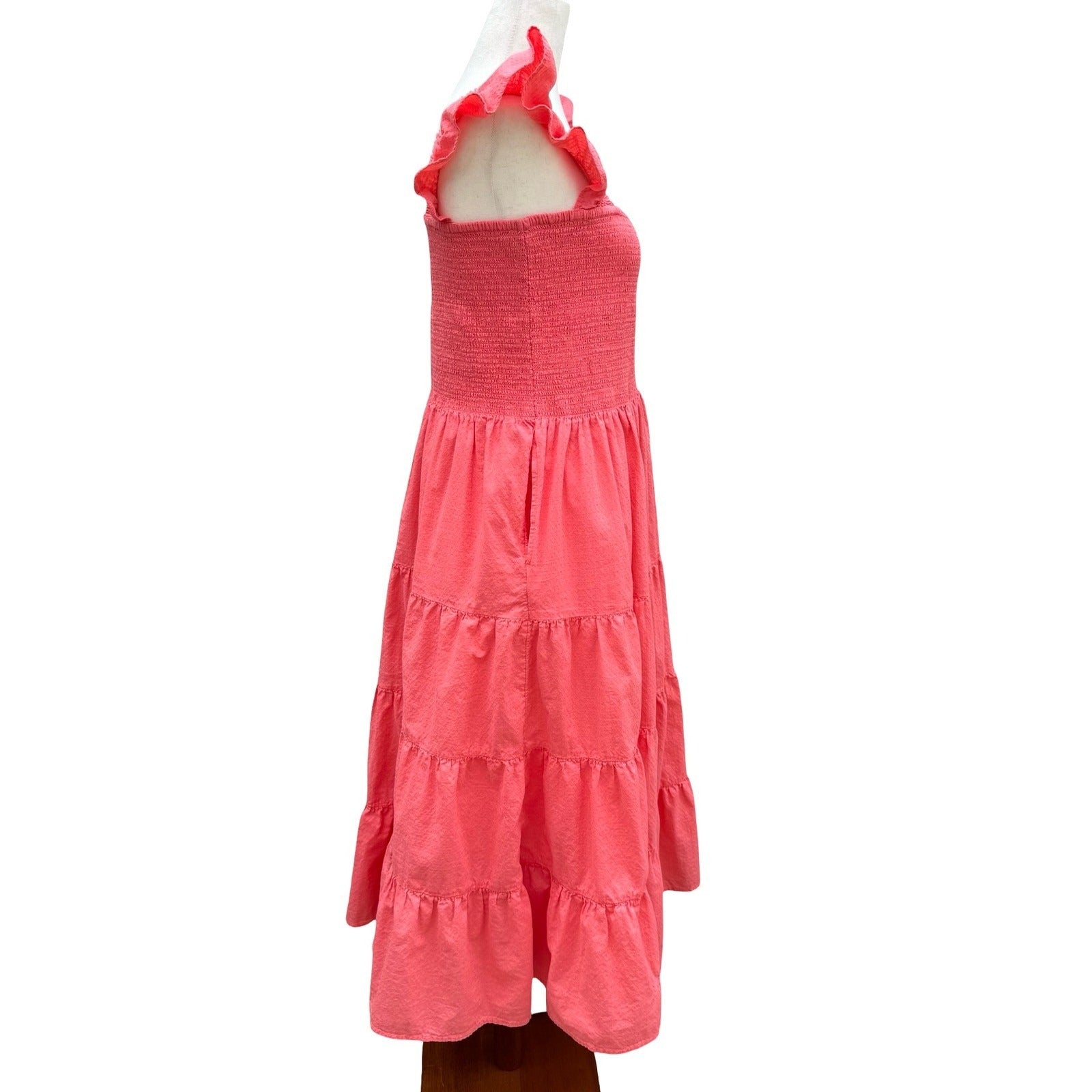 Lands End Pink Smocked Tiered Midi Dress Milkmaid Ruffle Straps Cotton Womens L