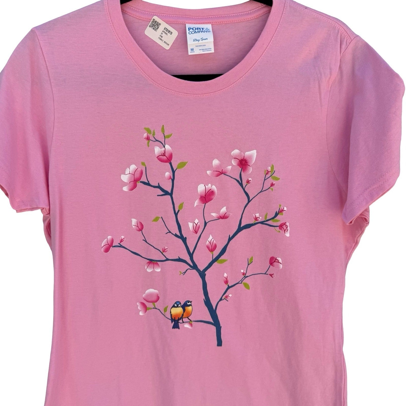Port & Company Pink Cherry Blossom Sakura Bird Graphic T-Shirt Ladies Med NEW