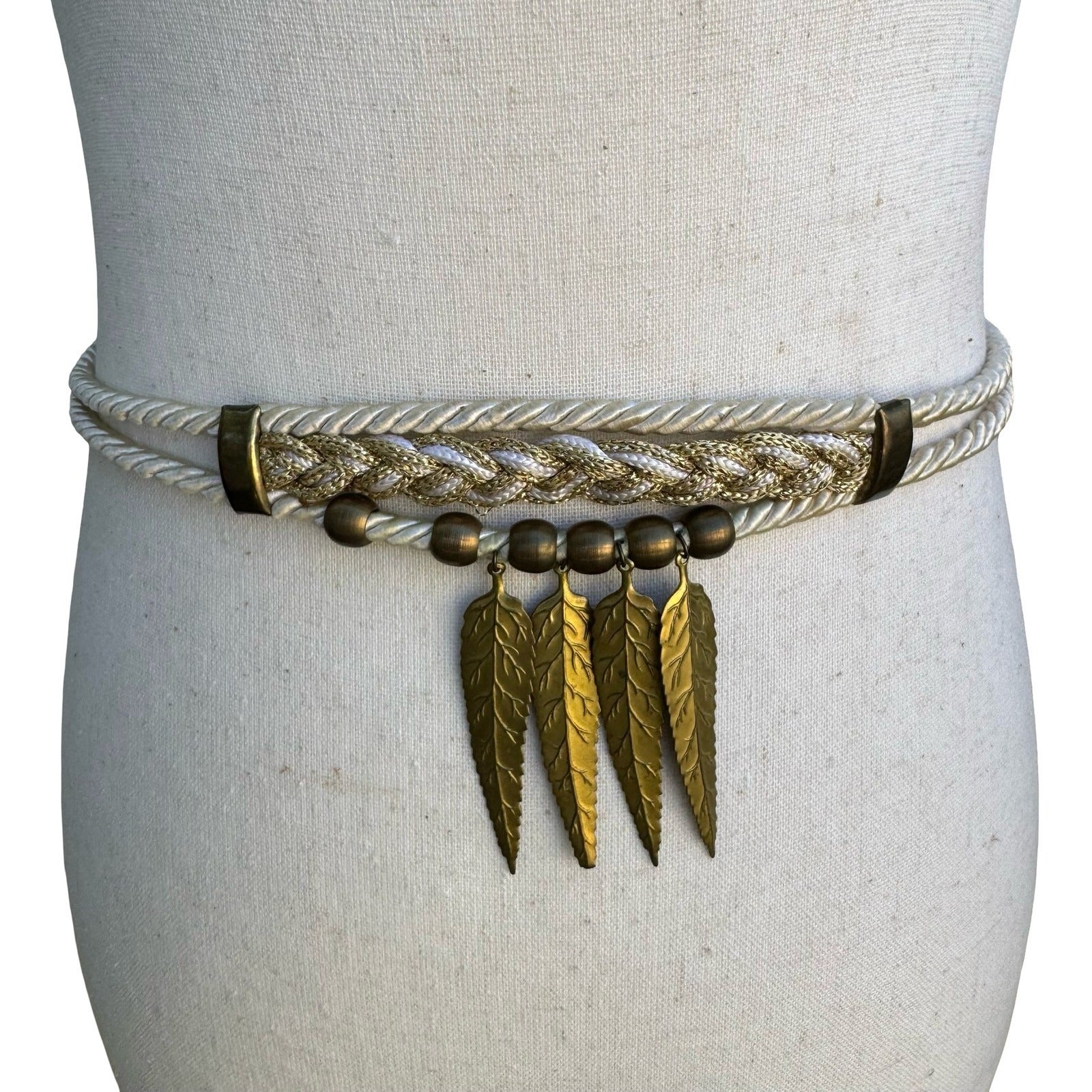 Womens Bohemian Braided Rope Waist Belt Ivory Gold Leaf Charms Adjustable Tie