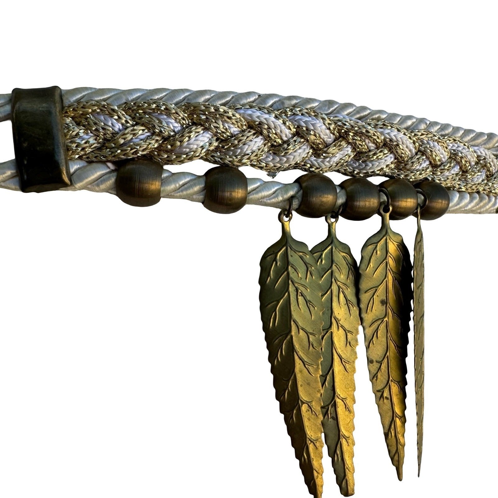 Womens Bohemian Braided Rope Waist Belt Ivory Gold Leaf Charms Adjustable Tie