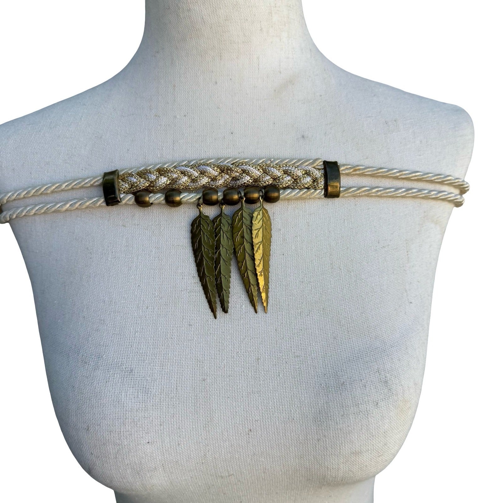 Womens Bohemian Braided Rope Waist Belt Ivory Gold Leaf Charms Adjustable Tie
