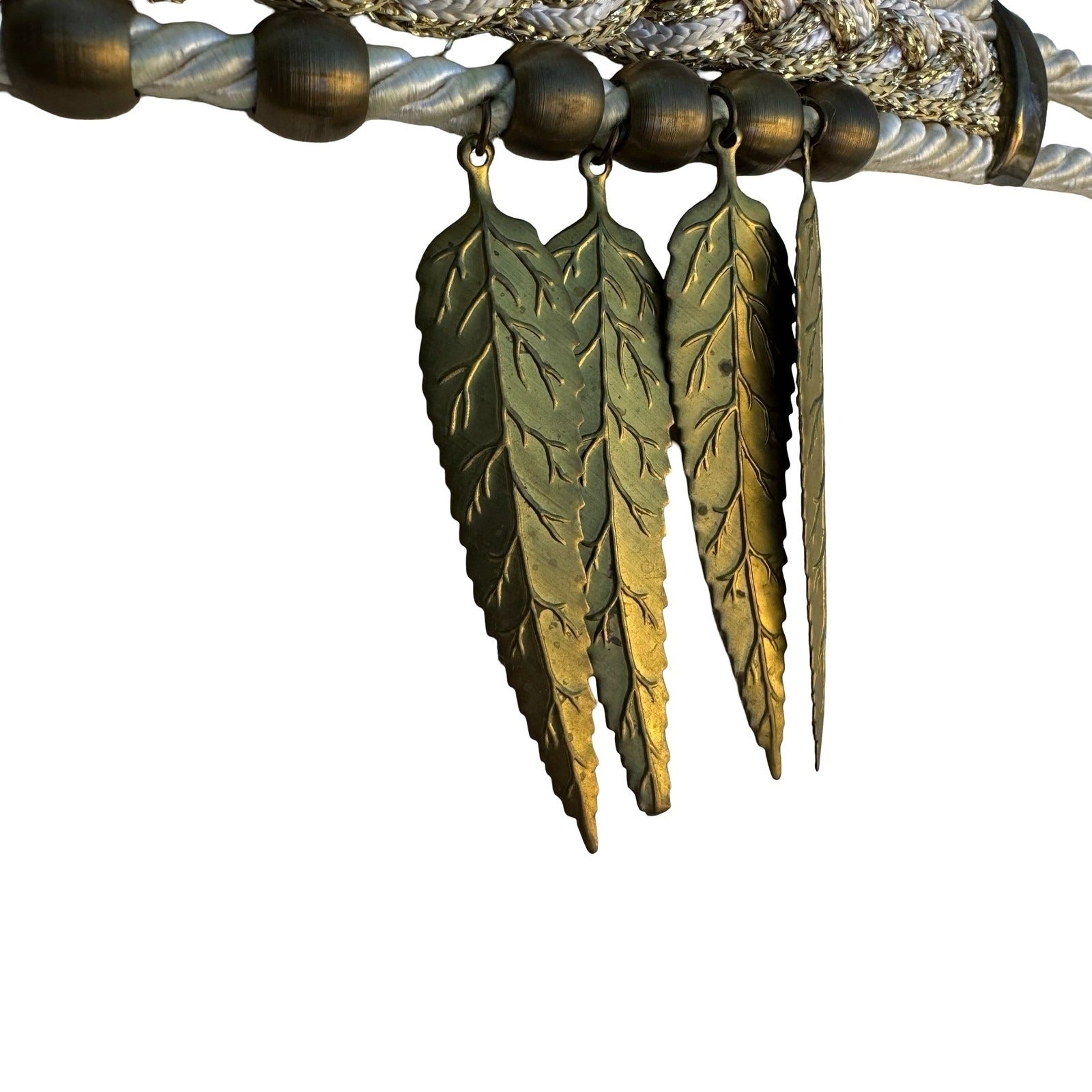 Womens Bohemian Braided Rope Waist Belt Ivory Gold Leaf Charms Adjustable Tie