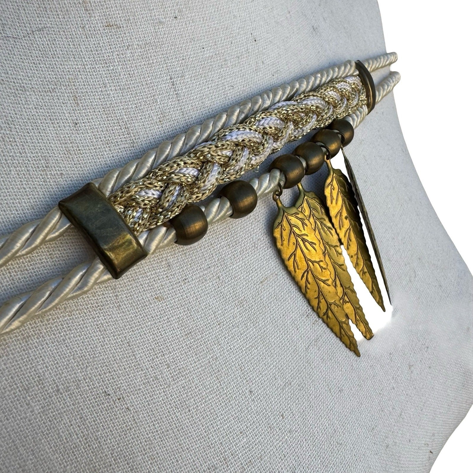 Womens Bohemian Braided Rope Waist Belt Ivory Gold Leaf Charms Adjustable Tie