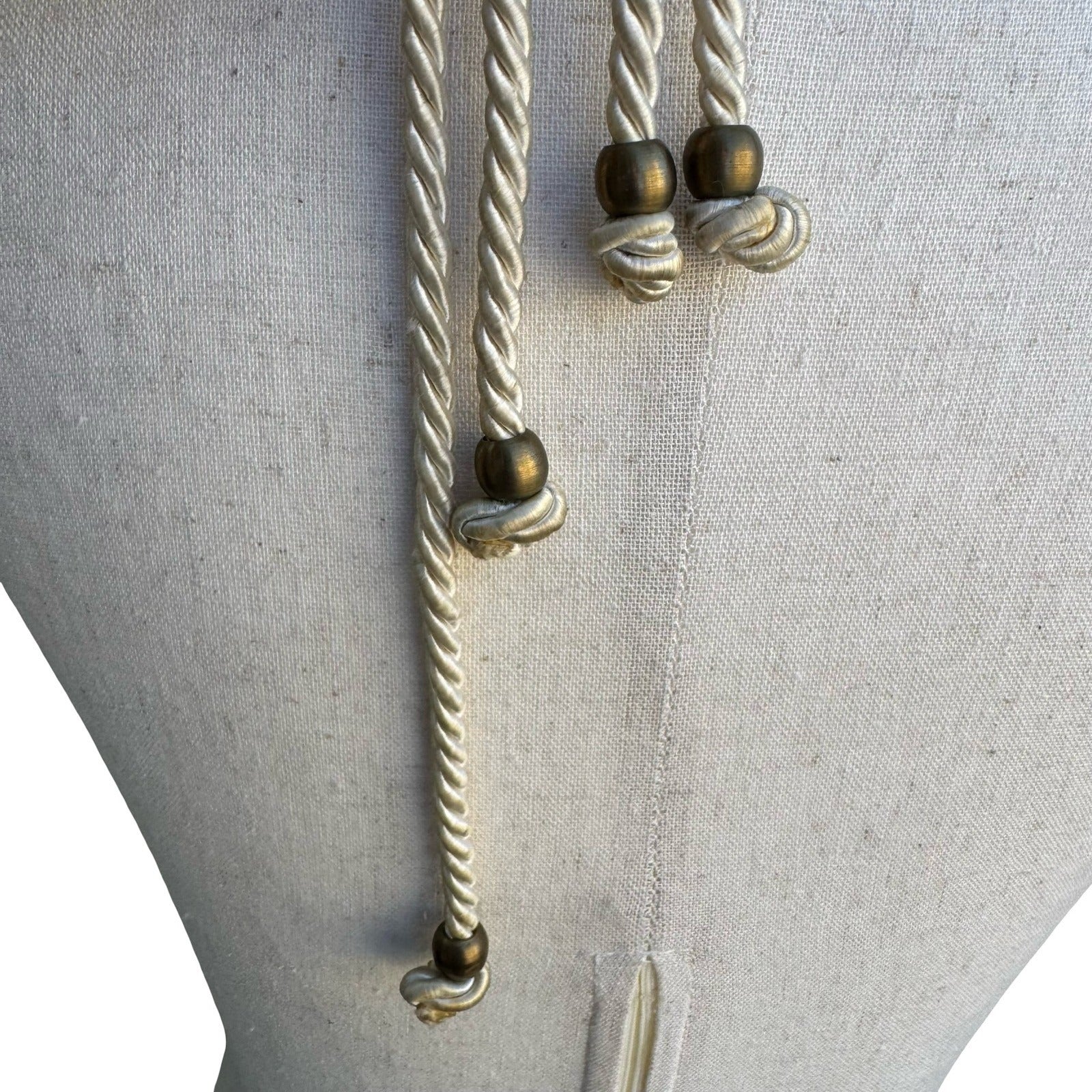 Womens Bohemian Braided Rope Waist Belt Ivory Gold Leaf Charms Adjustable Tie