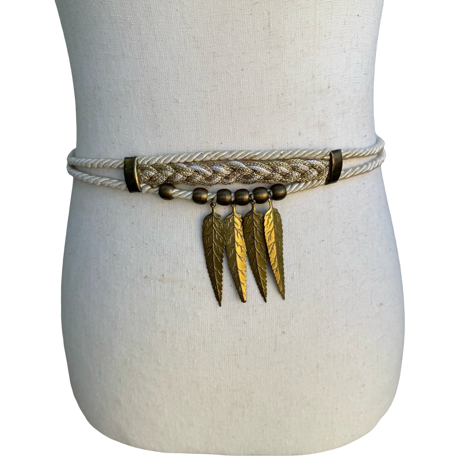 Womens Bohemian Braided Rope Waist Belt Ivory Gold Leaf Charms Adjustable Tie