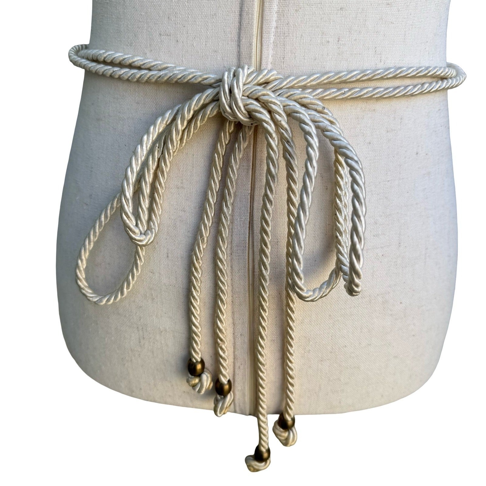 Womens Bohemian Braided Rope Waist Belt Ivory Gold Leaf Charms Adjustable Tie