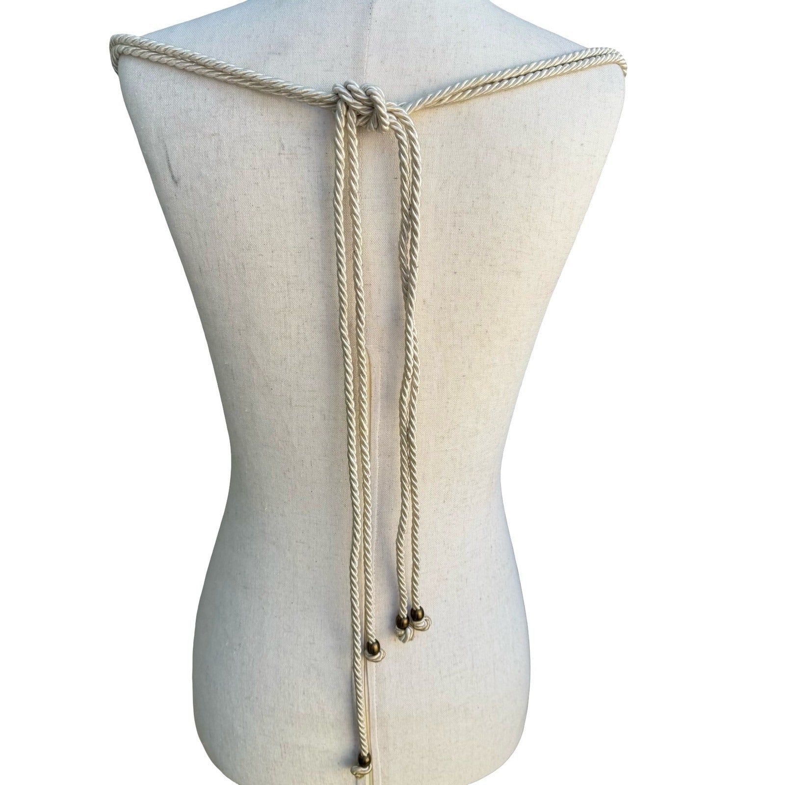 Womens Bohemian Braided Rope Waist Belt Ivory Gold Leaf Charms Adjustable Tie