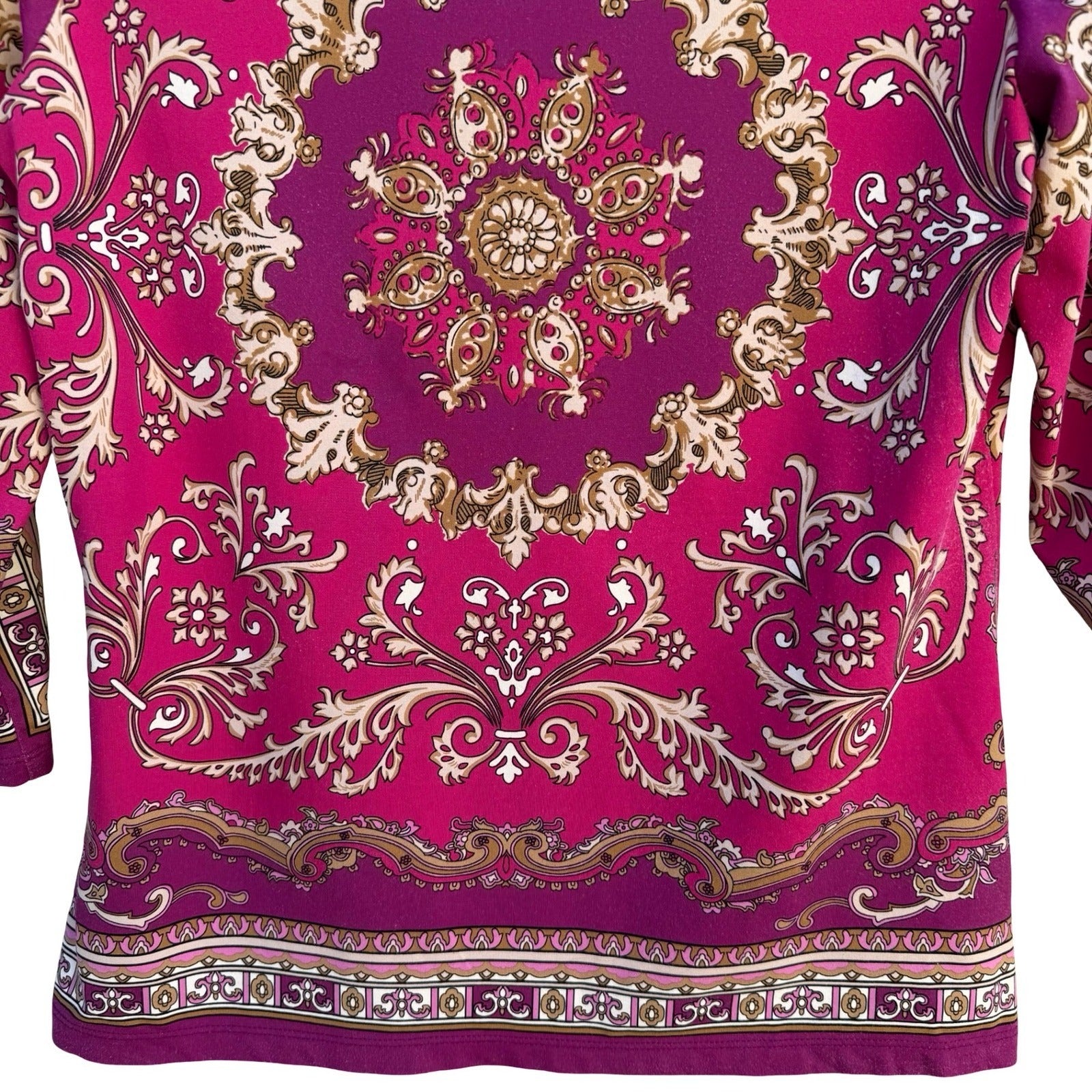 Charter Club Womens Pink Medallion Print Boat Neck 3/4 Sleeve Top Size M