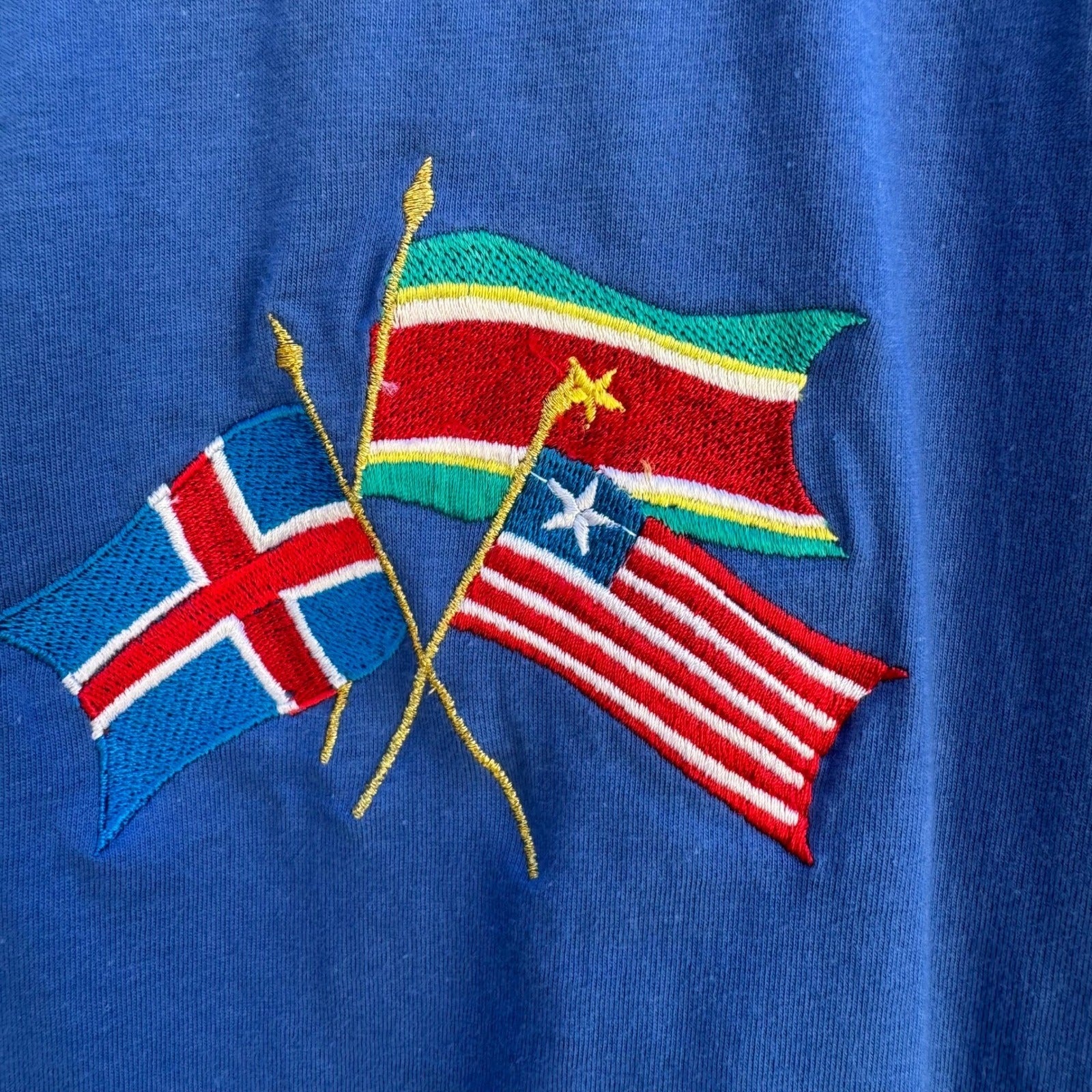 L'eau Vive Vintage 90s Iceland Flag Embroidery Shirt Quilted Shoulder Blue Men L