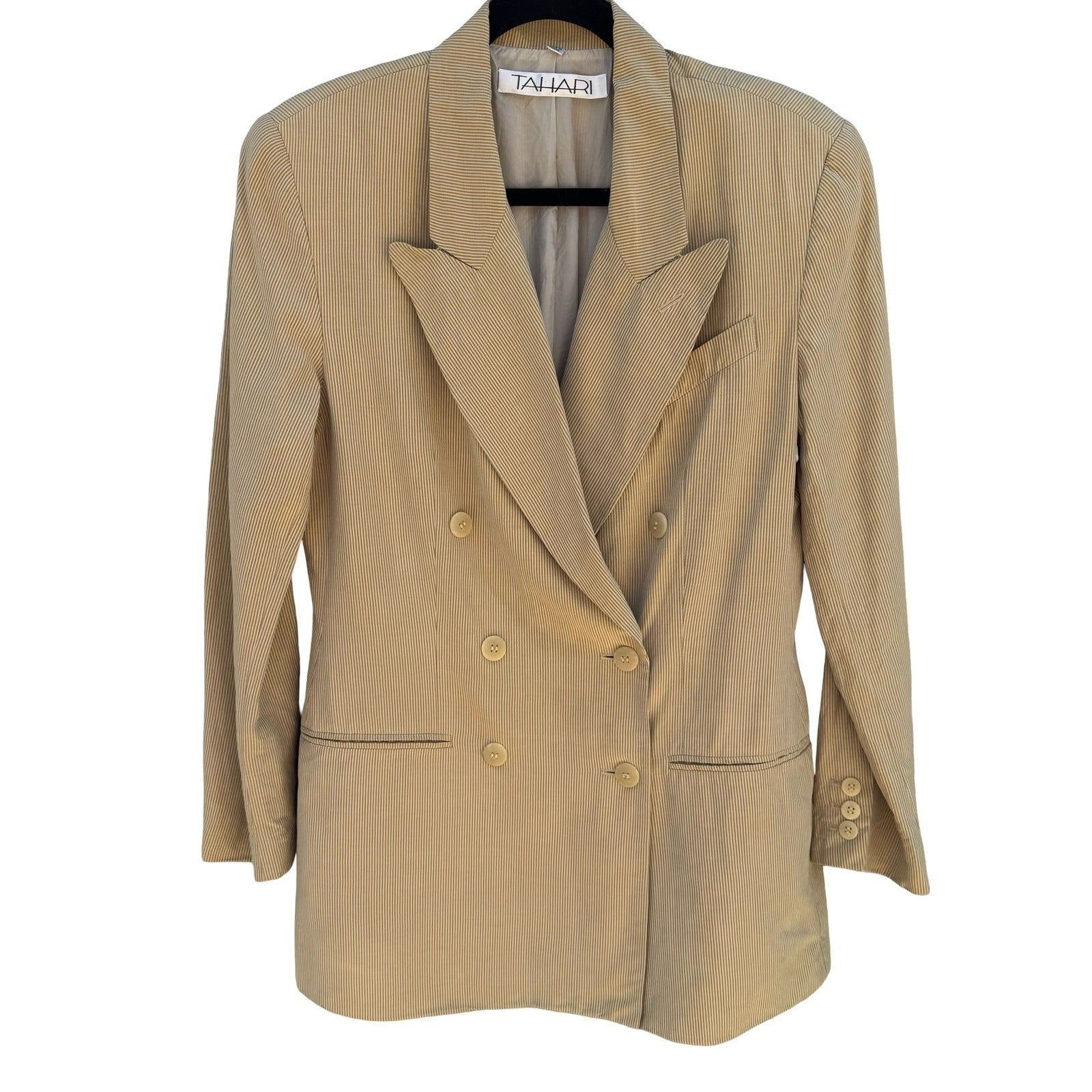 Tahari Vintage Tan Pinstripe Linen Silk Double Breasted Blazer Jacket Size 8