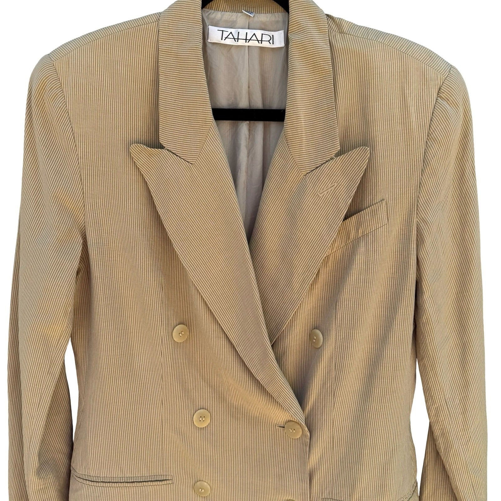 Tahari Vintage Tan Pinstripe Linen Silk Double Breasted Blazer Jacket Size 8