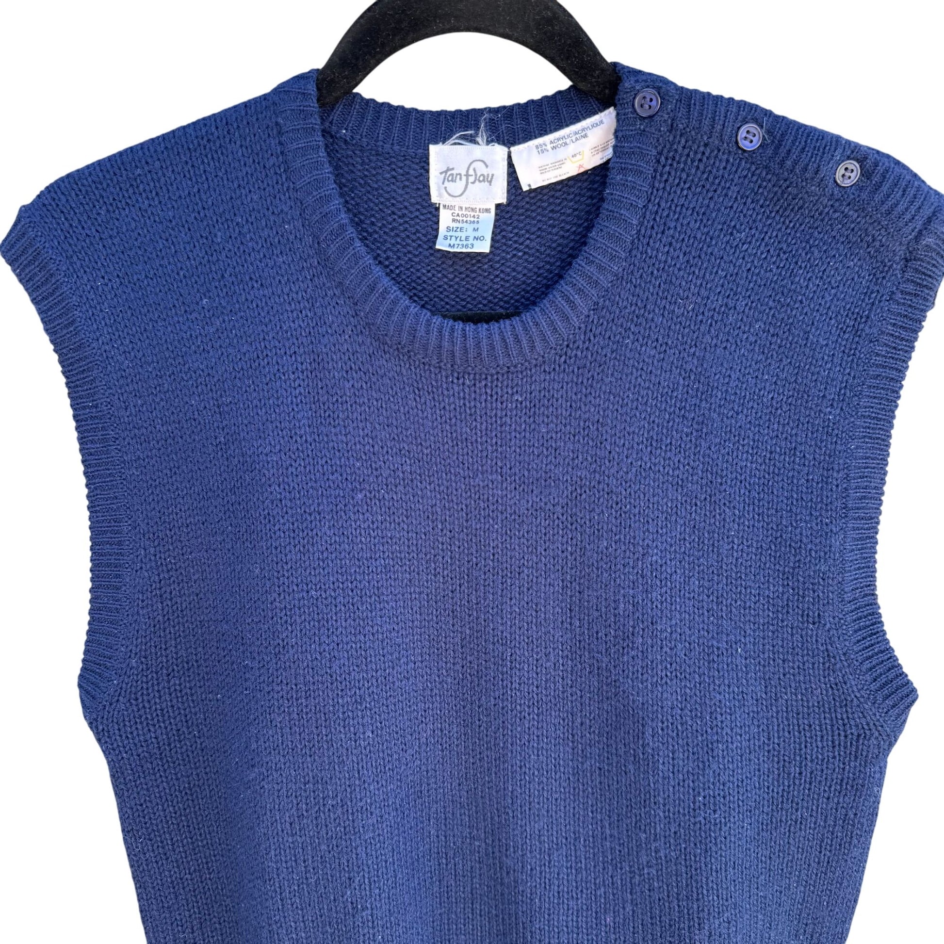 Tan F Jay Navy Blue Knit Sleeveless Button Shoulder Wool Blend Knit Sweater M