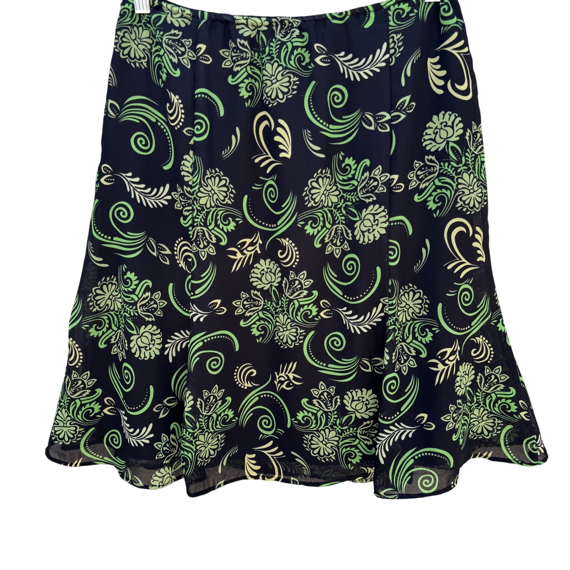Black Green Vintage Y2K Floral Swirl Print Womens Back Zip Flare Hem Lined Skirt