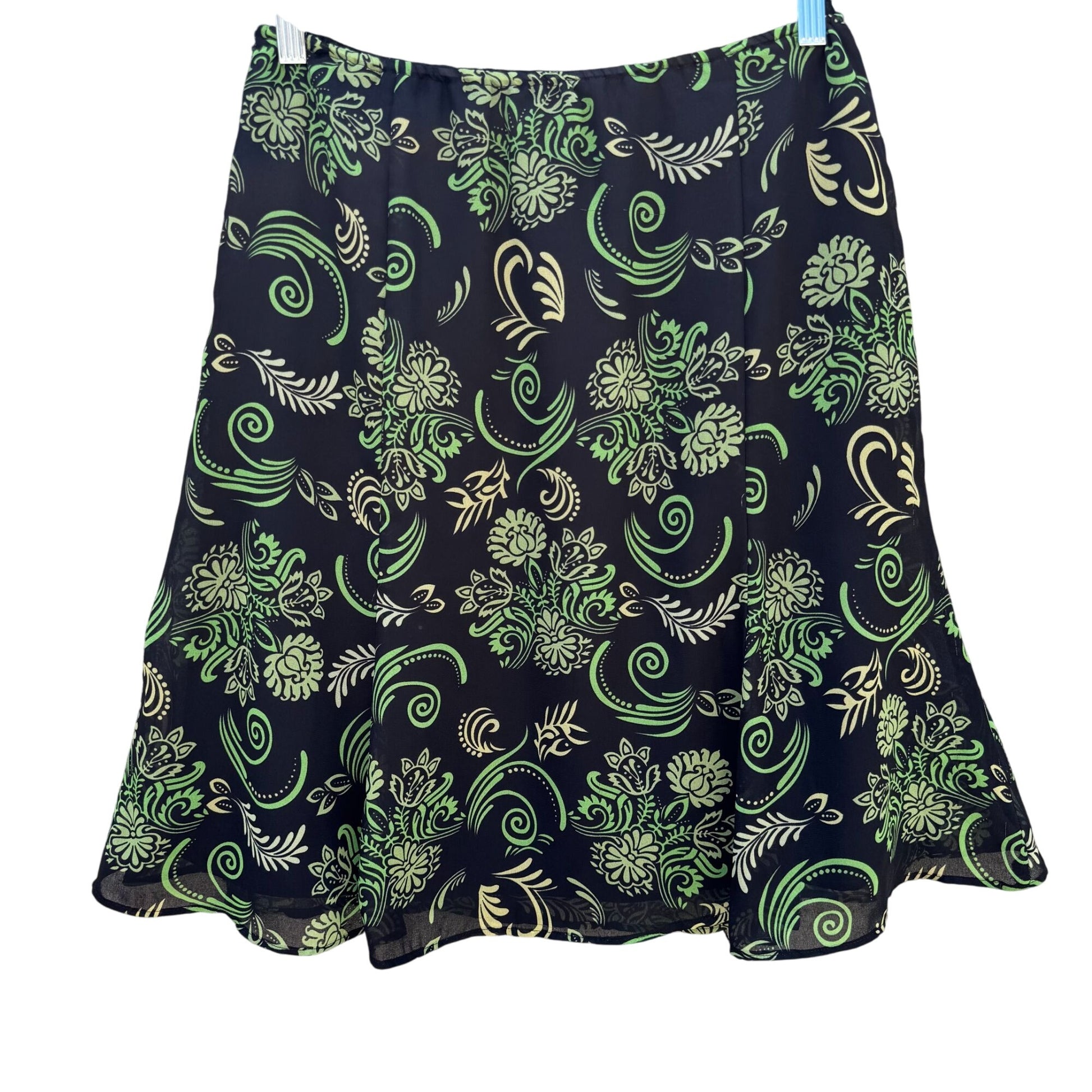 Black Green Vintage Y2K Floral Swirl Print Womens Back Zip Flare Hem Lined Skirt