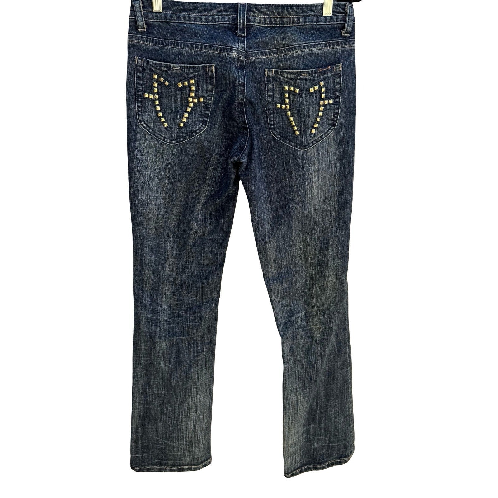 Seven7 Y2K Bootcut Jeans Dark Wash Studded Back Pocket Low Rise Denim Womens 32
