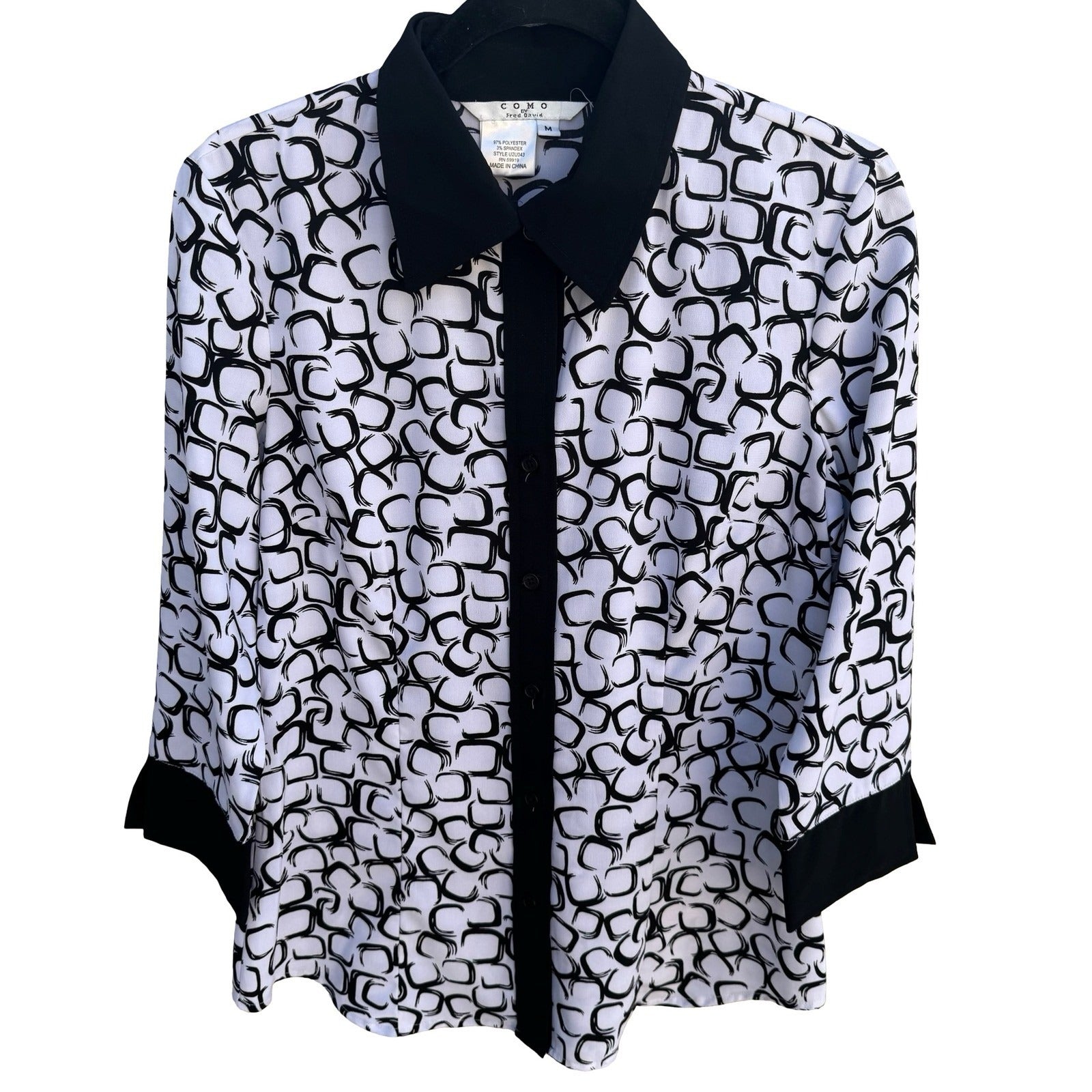 Como by Fred David Black White Geometric Link Print 3/4 Sleeve Blouse Size M