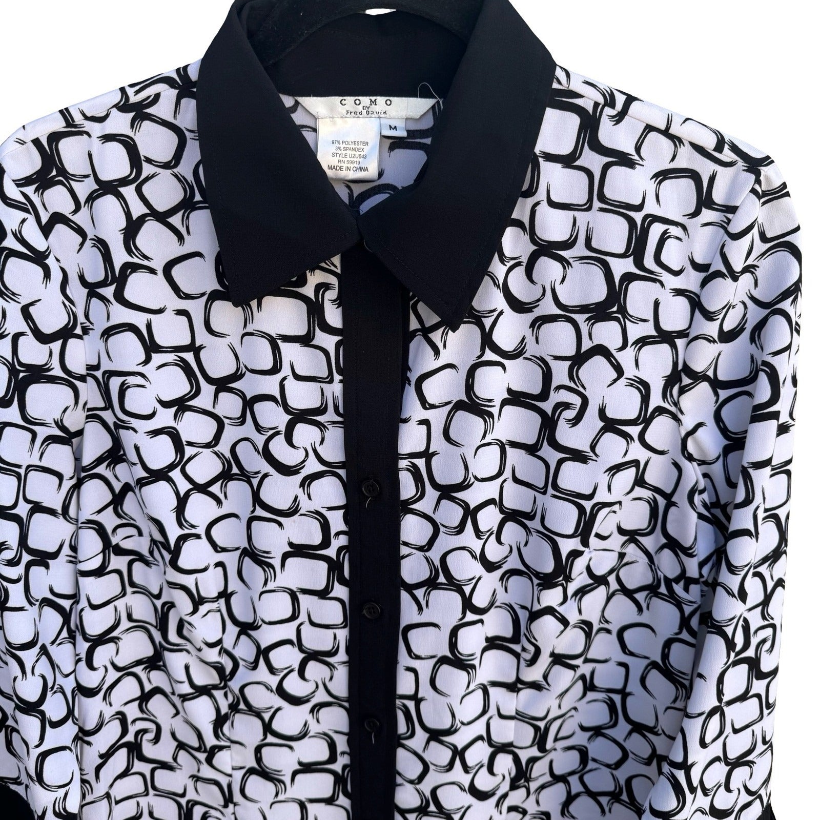Como by Fred David Black White Geometric Link Print 3/4 Sleeve Blouse Size M