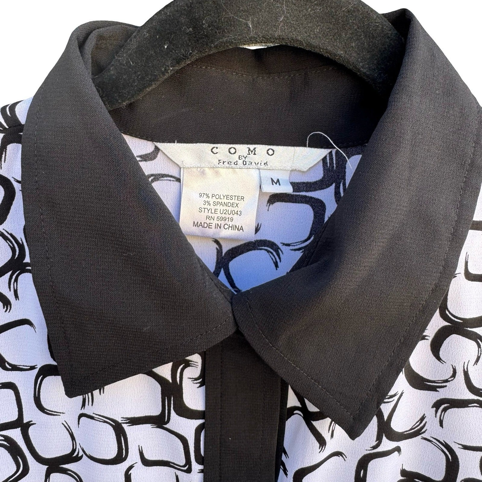 Como by Fred David Black White Geometric Link Print 3/4 Sleeve Blouse Size M