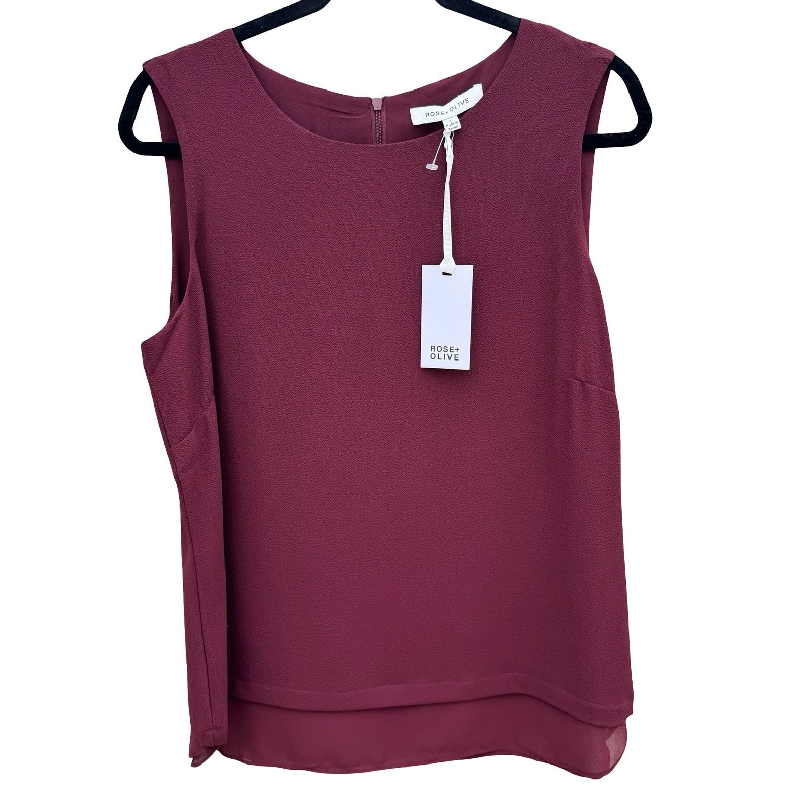 Rose + Olive Burgundy Sleeveless Layered Chiffon Hem Blouse Large NEW Layering