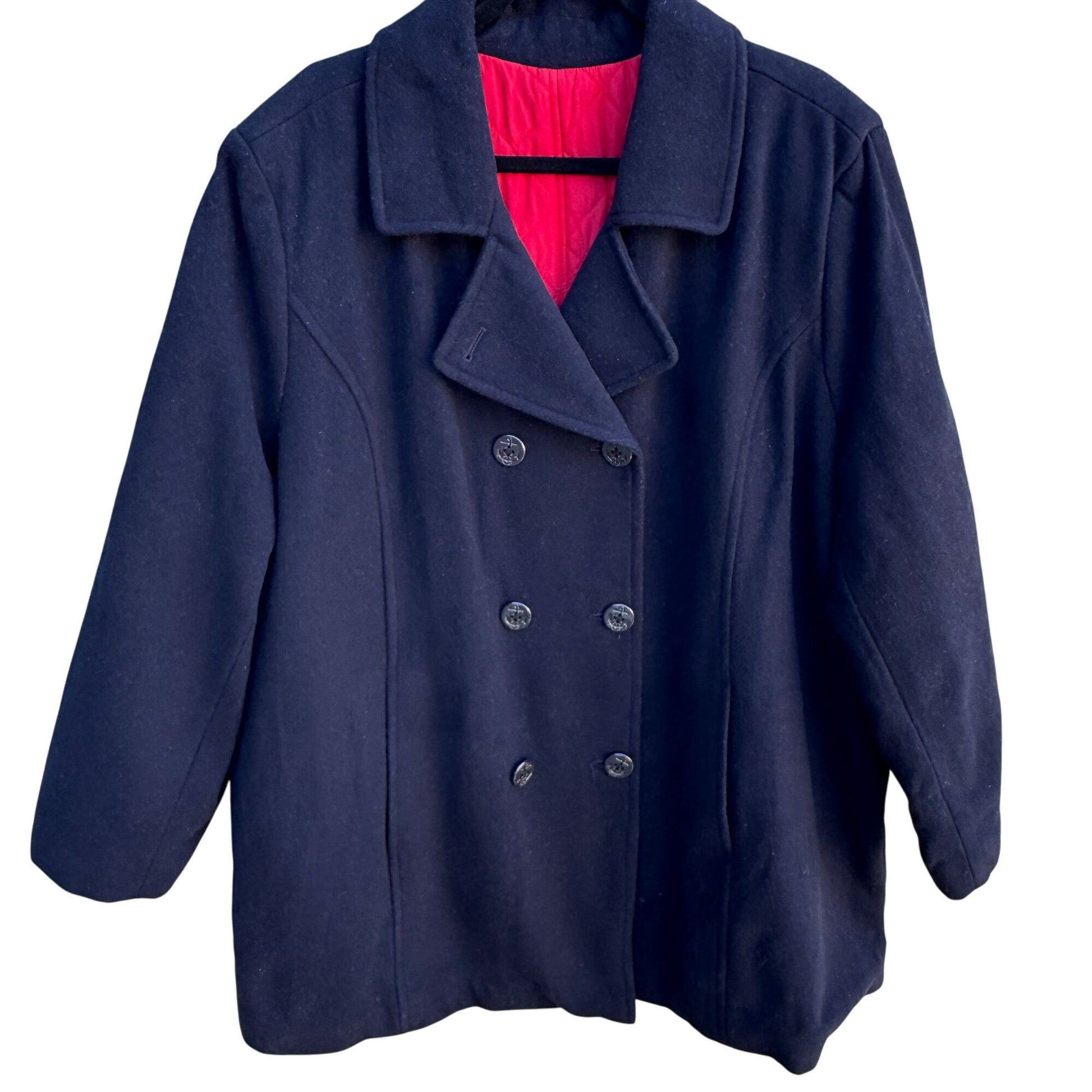 Vintage Navy Blue Nautical Wool Peacoat Red Lining Anchor Buttons Maritime 3XL
