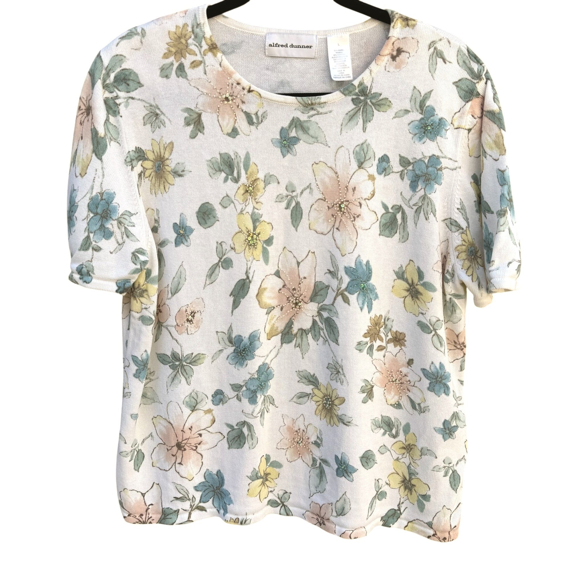 Alfred Dunner Vintage Womens Floral Embellished Beaded Knit Short Sleeve Blouse L