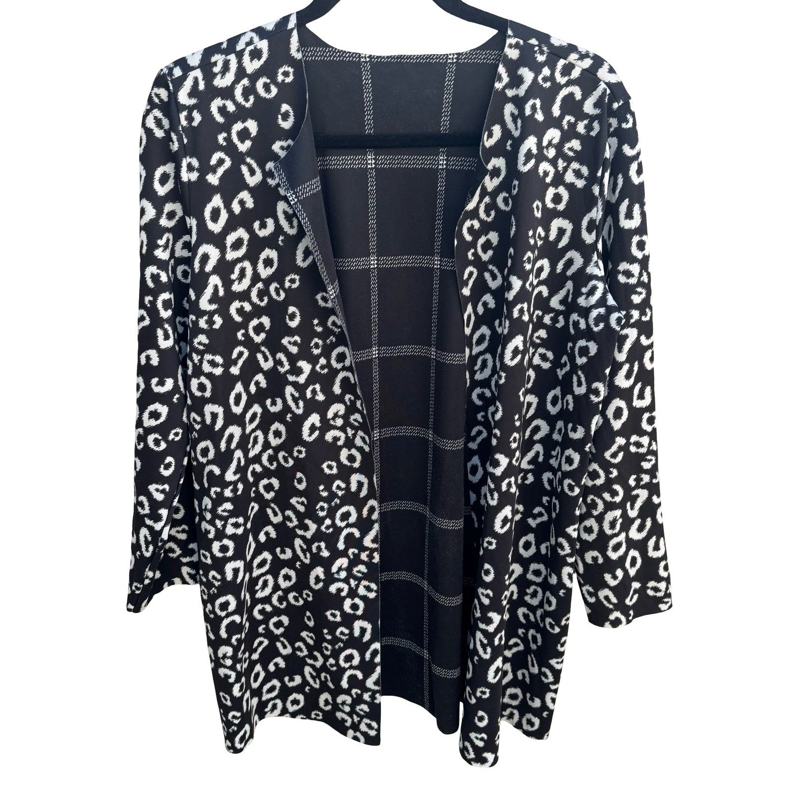 Reversible Leopard Print Plaid Open Front Cardigan Black White Large Layering