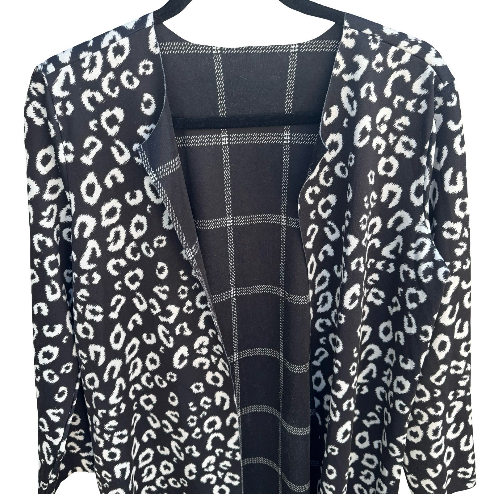 Reversible Leopard Print Plaid Open Front Cardigan Black White Large Layering