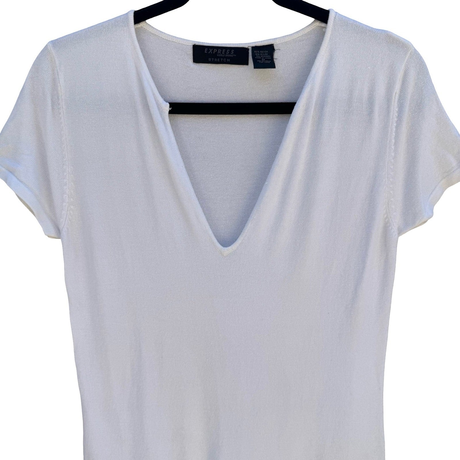 Express Y2K Minimalist White Deep V-Neck Clean Girl Stretch French Terry Top M