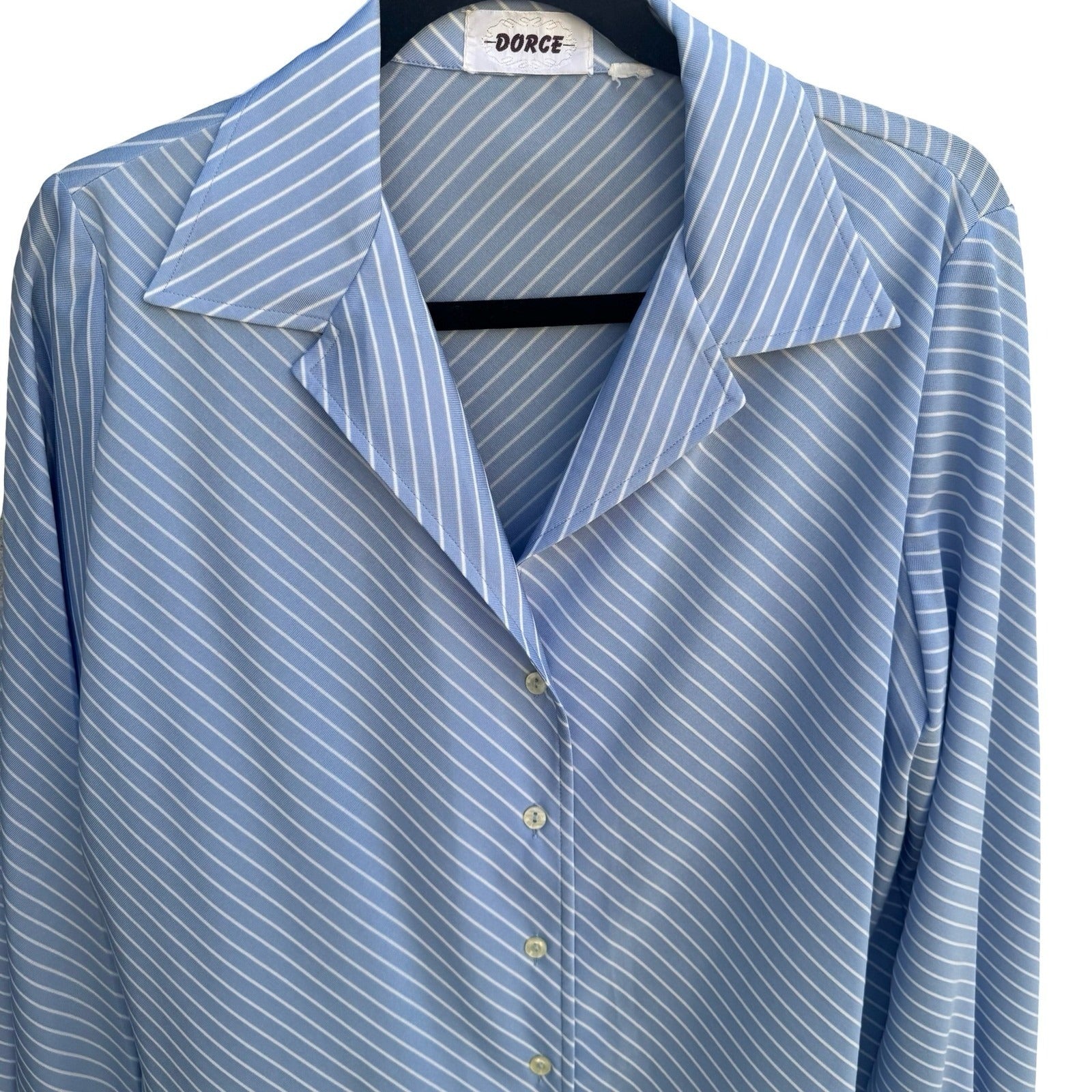Dorce Vintage 70s Blue White Diagonal Stripe Long Sleeve Button Down Blouse Top