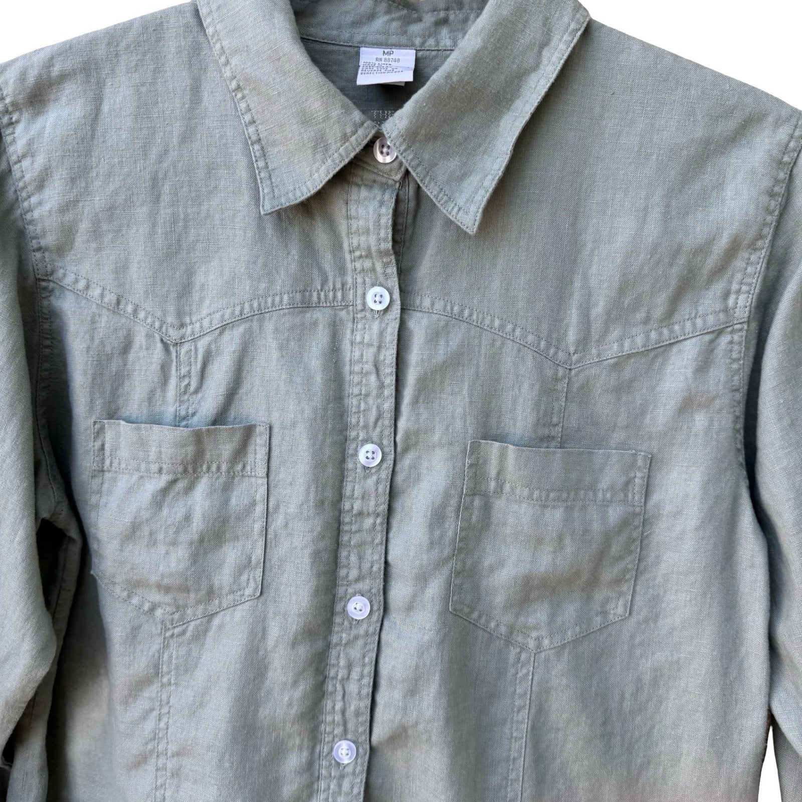 The Territory Ahead Womens Sage Green 100% Linen Lagenlook Button Down Shirt MP