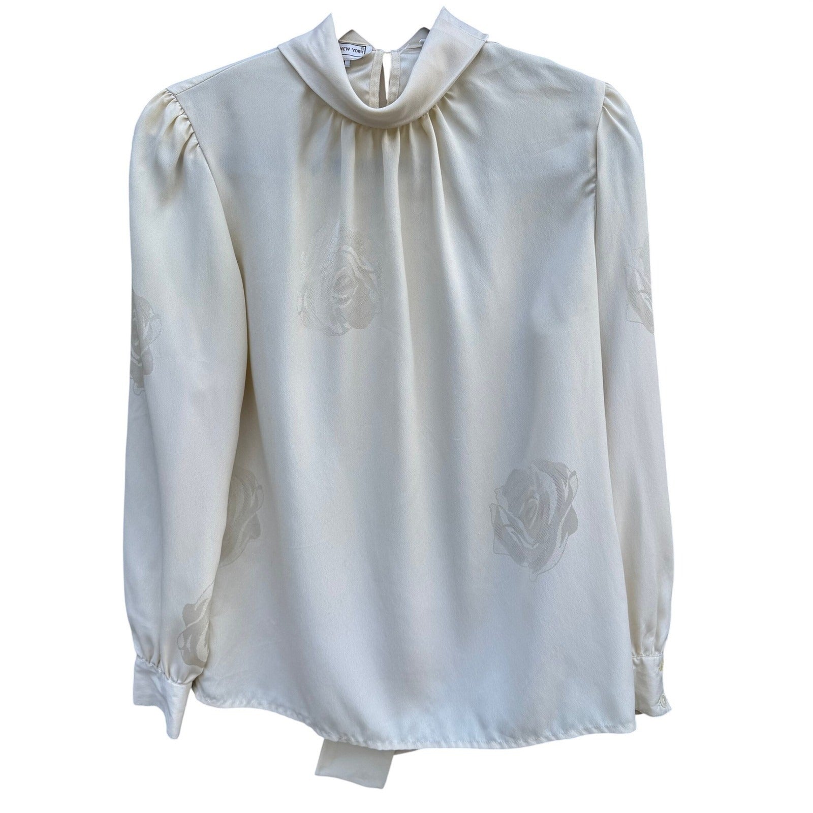 Jones New York Vintage Cream Rose Jacquard Pussy Bow Tie Back Blouse Womens 4