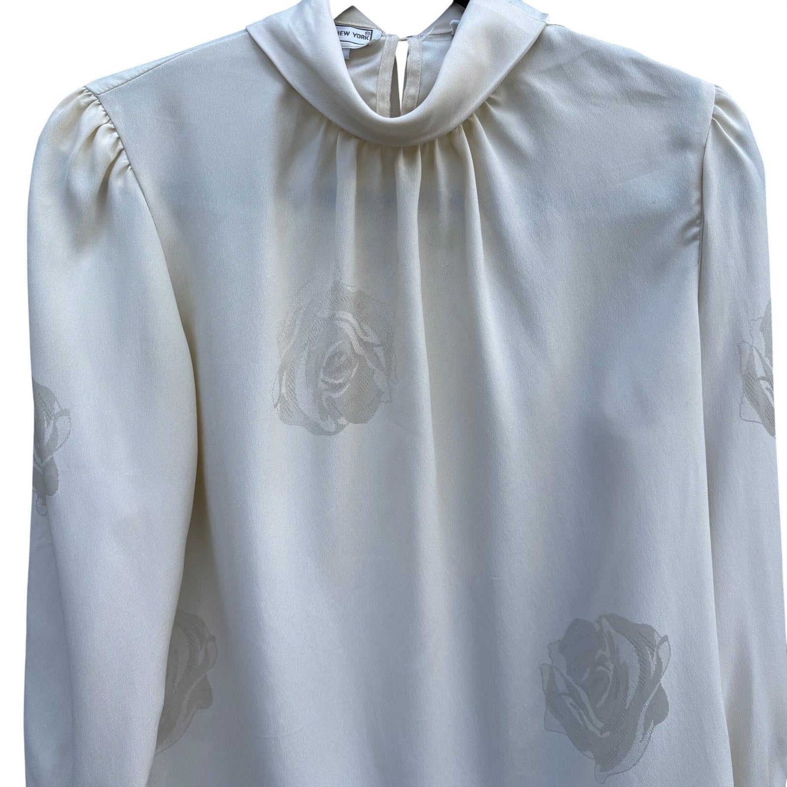 Jones New York Vintage Cream Rose Jacquard Pussy Bow Tie Back Blouse Womens 4