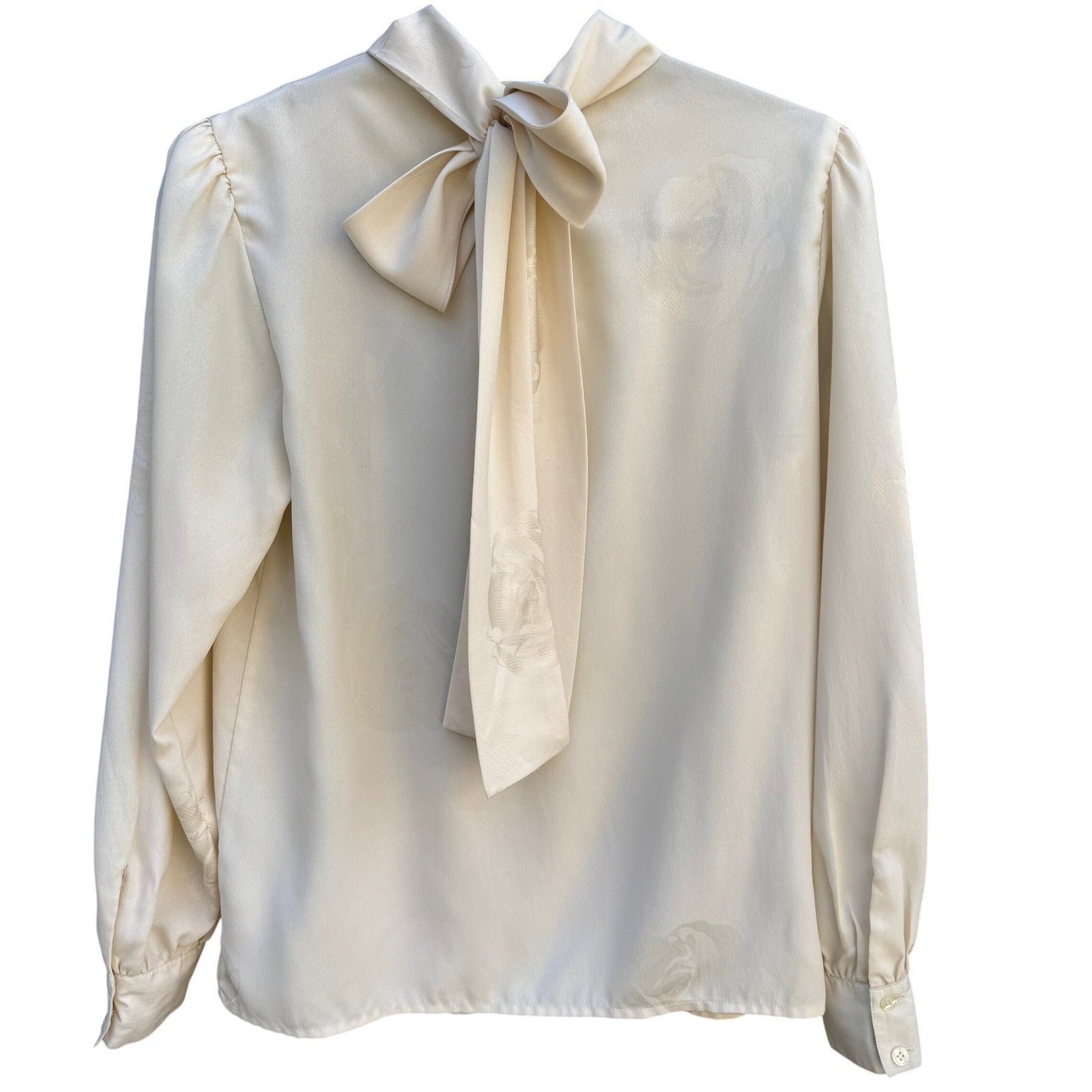 Jones New York Vintage Cream Rose Jacquard Pussy Bow Tie Back Blouse Womens 4